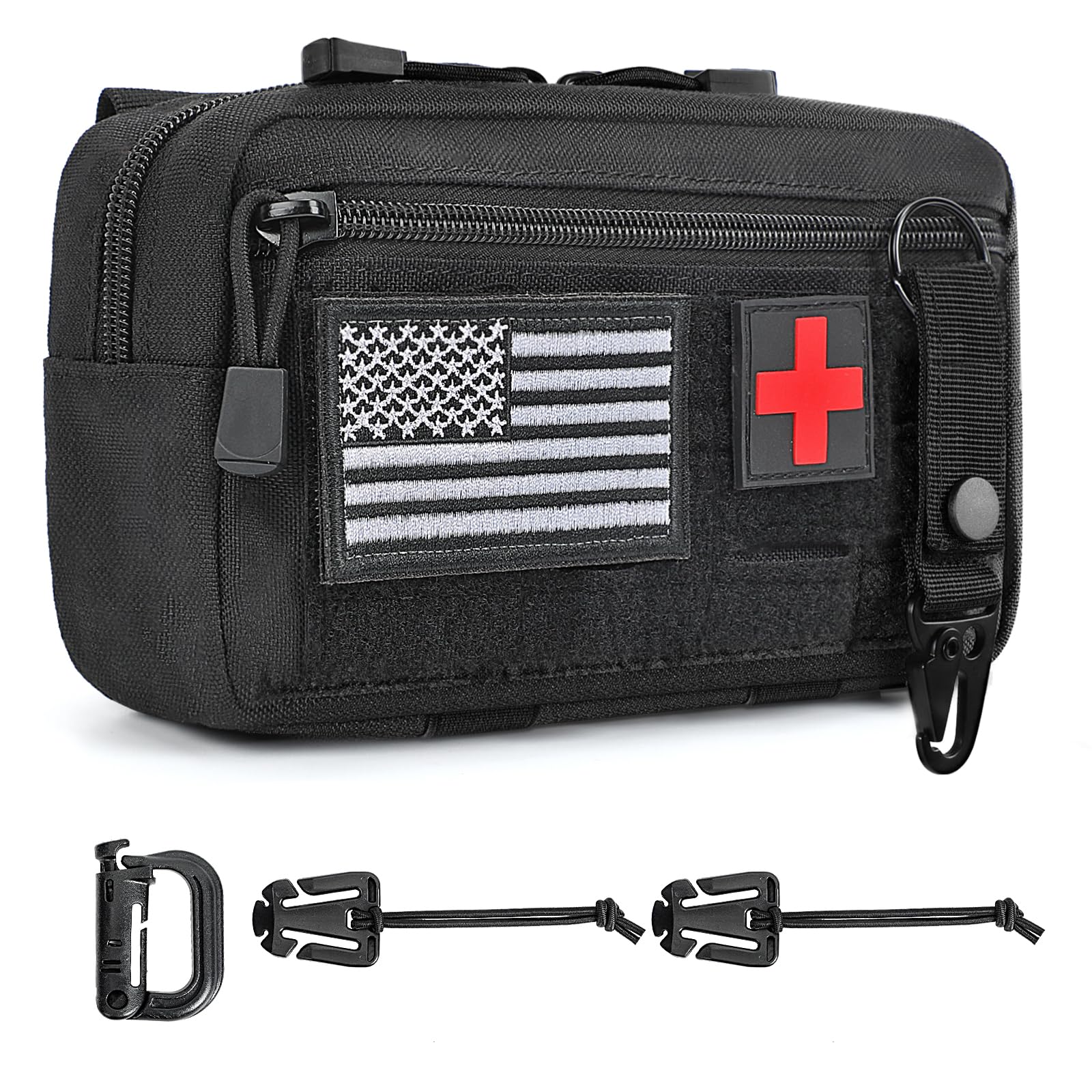 Tactical MOLLE Utility Pouch - Medical EDC Admin Pouch with US Flag Patch, Web Dominator & Elastic Strings - Perfect for EMT, First Aid, Camping & Outdoor Adventures