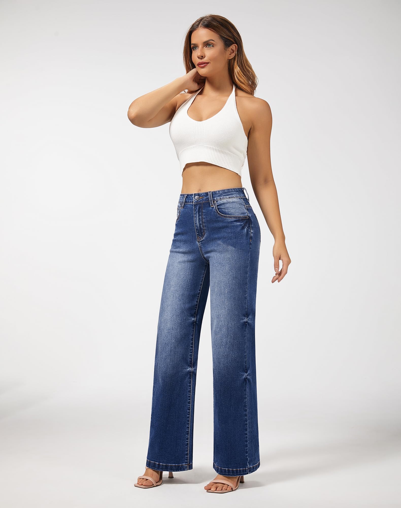 Roswear Women's Wide Leg Jeans - High Waisted Stretchy Denim Pants for Casual & Office Wear | Comfortable Plus Size Trousers for Everyday Outfits