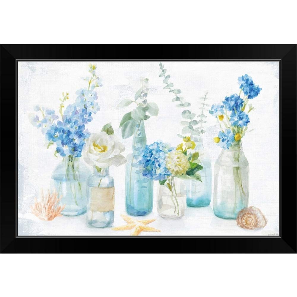 Beach Cottage Florals Black Framed Art Print - Floral Wall Decor for Living Room, Bedroom & Office - Coastal Home Decor & Housewarming Gift