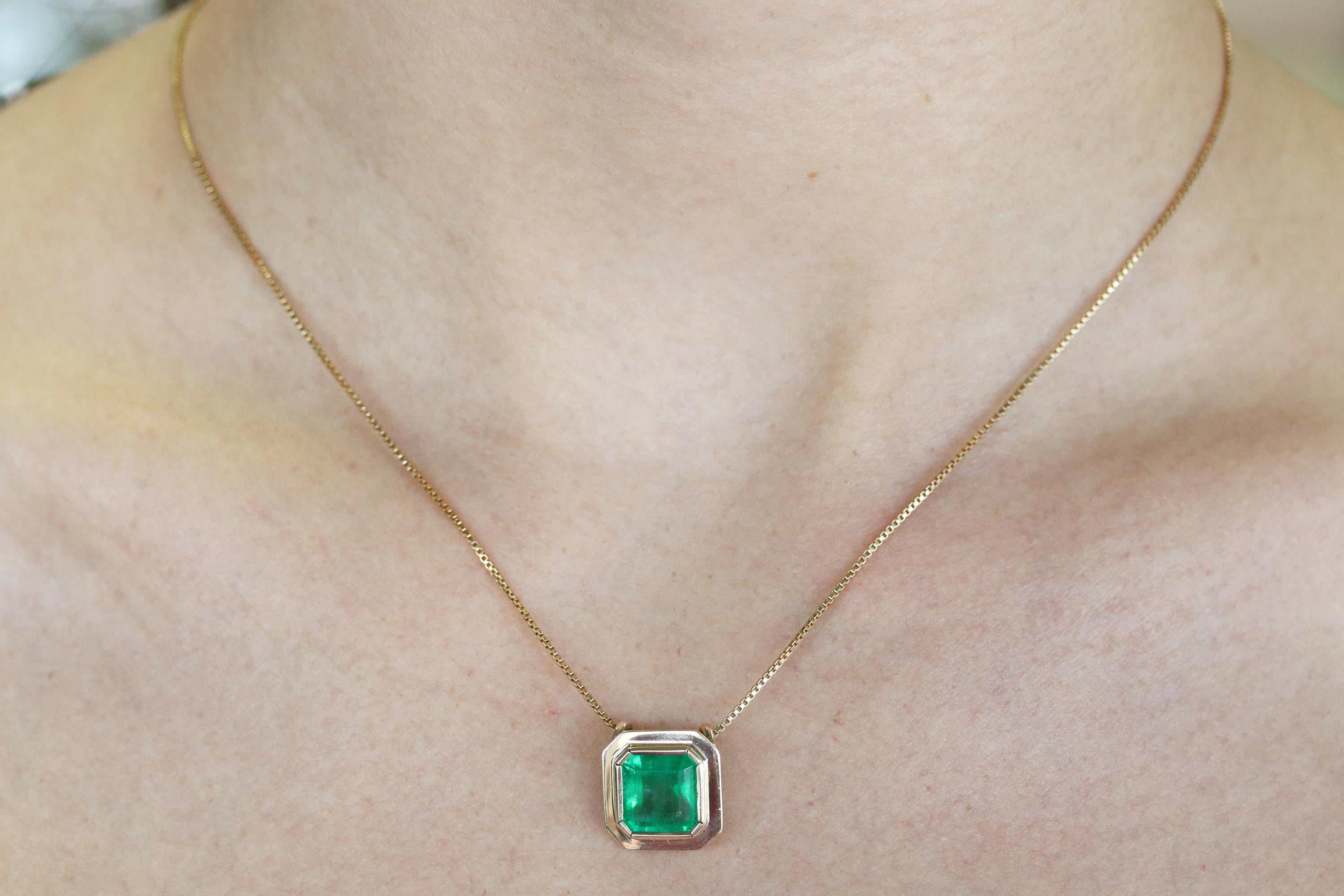 3.0 Carat Bezel Set Asscher Cut Emerald Necklace in 14K Gold - Rich Green Gemstone Jewelry for Women, Perfect for Weddings, Anniversaries & Special Occasions