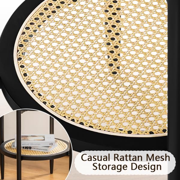 KithKasa Black Small Side Table Set of 2 - Mid Century Modern End Tables with Rattan Storage | 2-Tier Round Side Tables for Living Room, Bedroom, Cafe & Small Spaces | Perfect for Coffee, Books & Home Decor