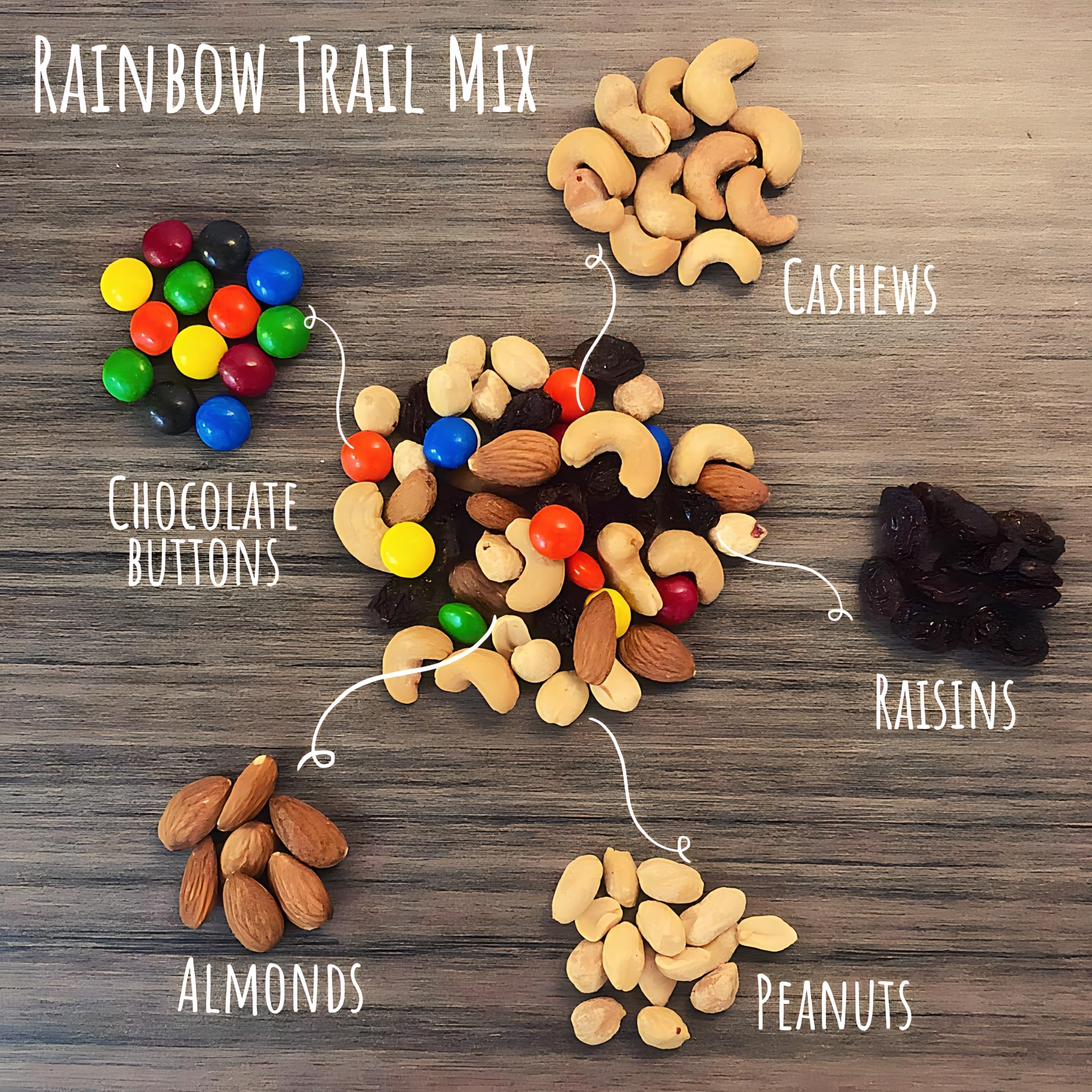 Premium Orchard Rainbow Trail Mix - Healthy Snack Pack with Peanuts, Raisins, Cashews, Almonds & Chocolate Buttons | Gluten-Free, Heart-Healthy Mixed Nuts for Adults & Kids | Perfect for Hiking, School Lunches & Office Snacks