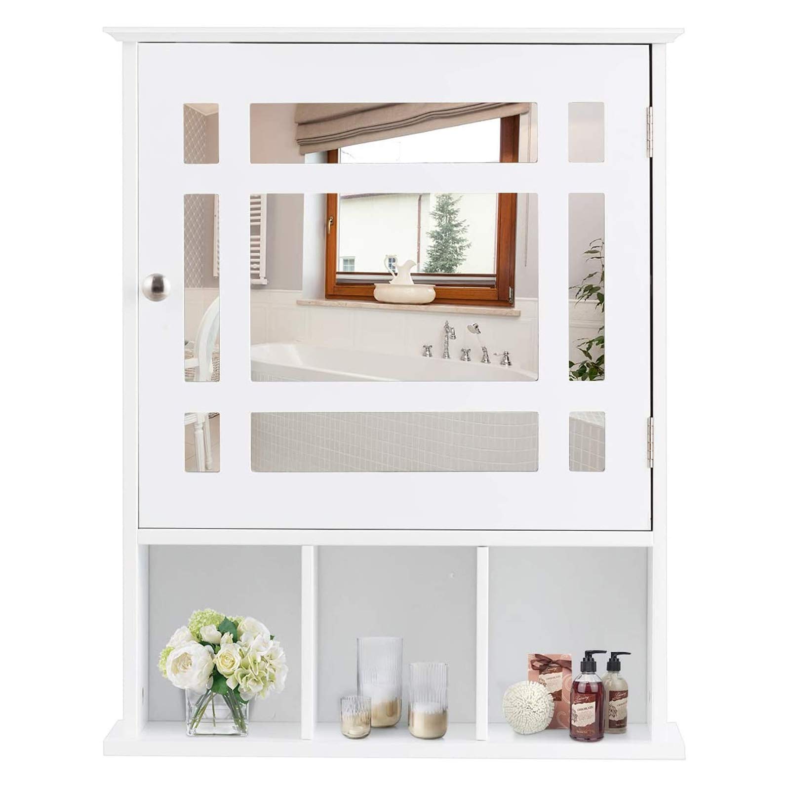 Wall Mounted Bathroom Medicine Cabinet with Mirror - Over The Toilet Storage Organizer with Door & 3 Open Shelves, Easy to Assemble - Perfect for Small Bathrooms, Powder Rooms & Apartment Vanities
