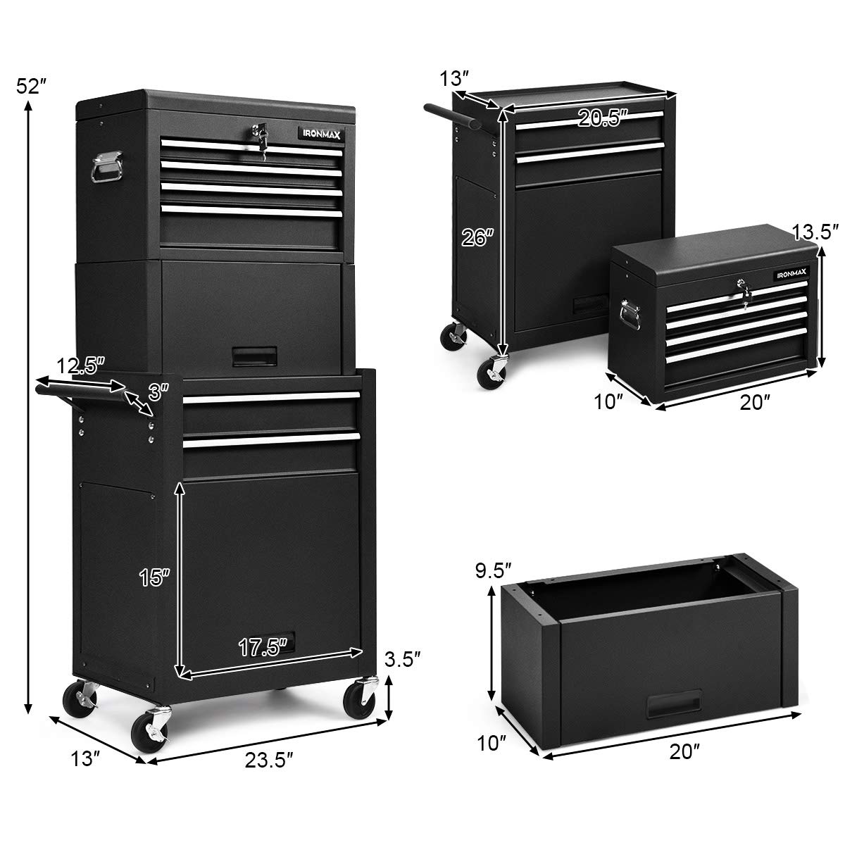 Goplus 6-Drawer Rolling Tool Chest with Auto Locking System - 3-in-1 Tool Box Organizer with Lockable Wheels, Sliding Drawers & Detachable Top - Heavy Duty Tool Storage Cabinet for Garage, Workshop, Home DIY & Professional Use (Black)