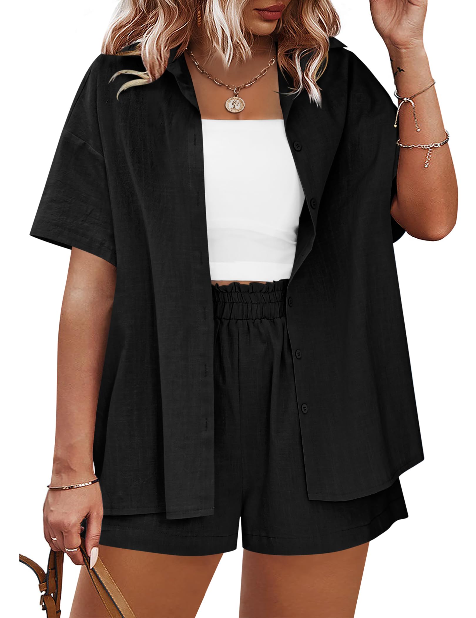 IN'VOLAND Women's Plus Size 2 Piece Cotton Linen Tracksuit Set - Short Sleeve Shirt & Casual Shorts for Summer | Lounge Wear, Vacation Outfit, Street Style Fashion