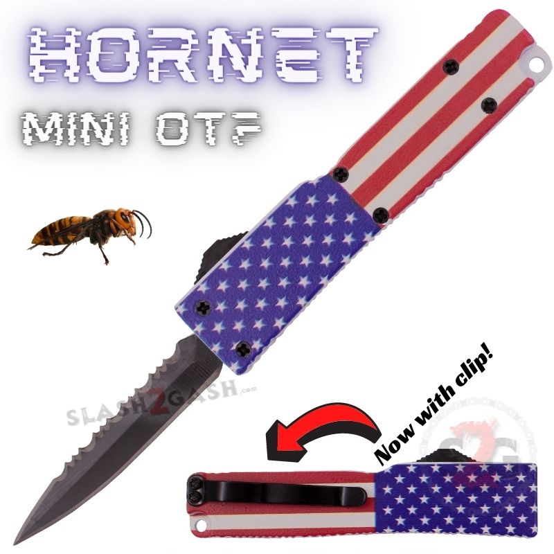 USA Flag Keychain Mini OTF Knife - Automatic Switchblade Dagger with Pocket Clip | EDC, Outdoor, Camping & Self Defense Tool