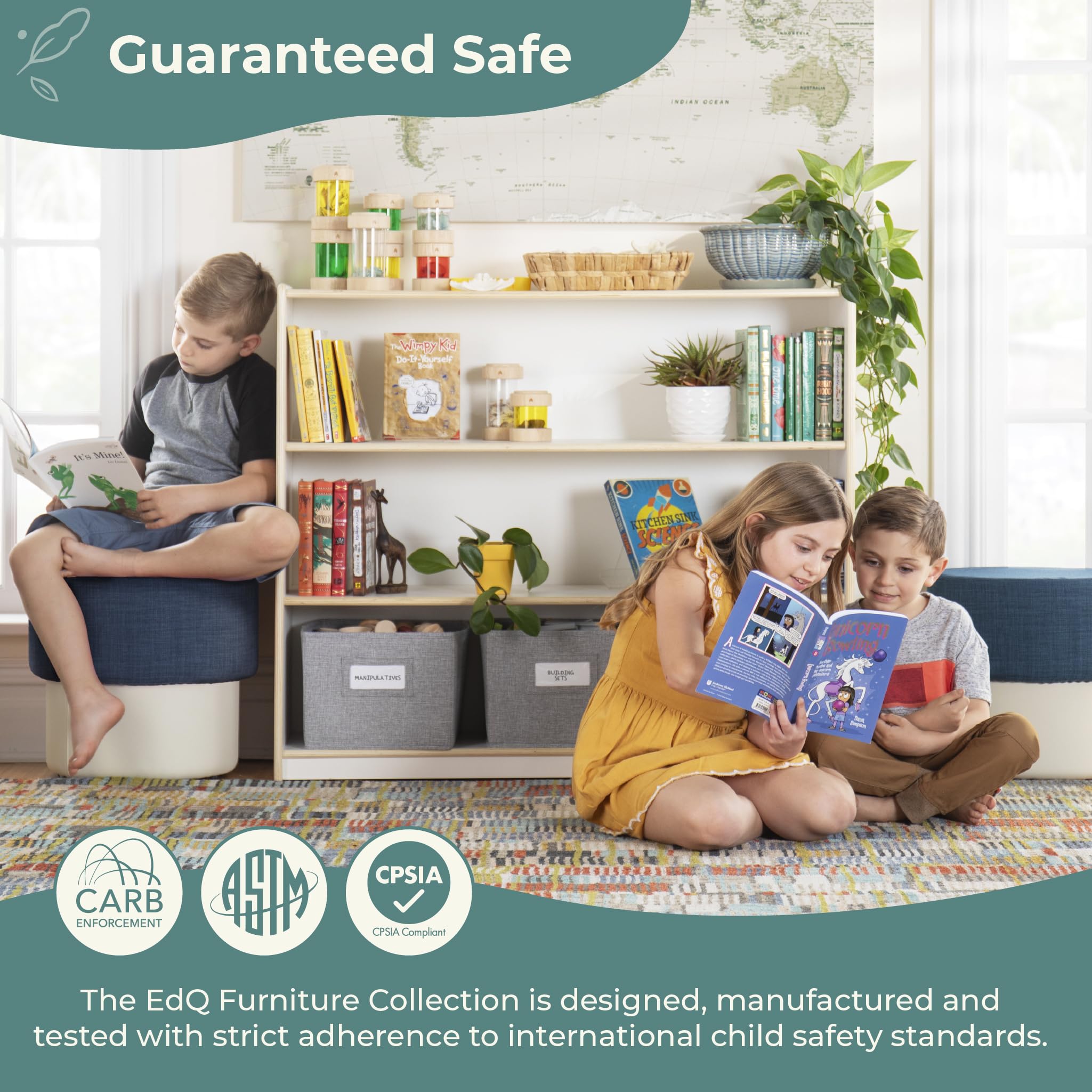 Guidecraft EdQ 3-Shelf Open Storage Unit with Fabric Bins - White Wooden Bookshelf & Toy Organizer for Kids, Teachers | Classroom & Homeschool Furniture for Books, Toys, School Supplies | Perfect for Playrooms, Daycares & Learning Centers