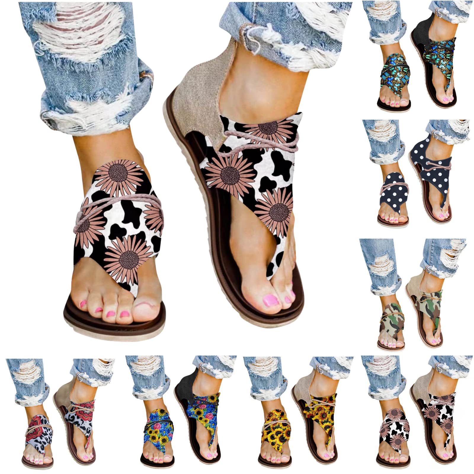 Fridja Women's Casual Summer Sandals - Open Toe Roman Style with Sunflower Print & Zipper - Comfortable Beach Flats for Walking, Travel & Vacation
