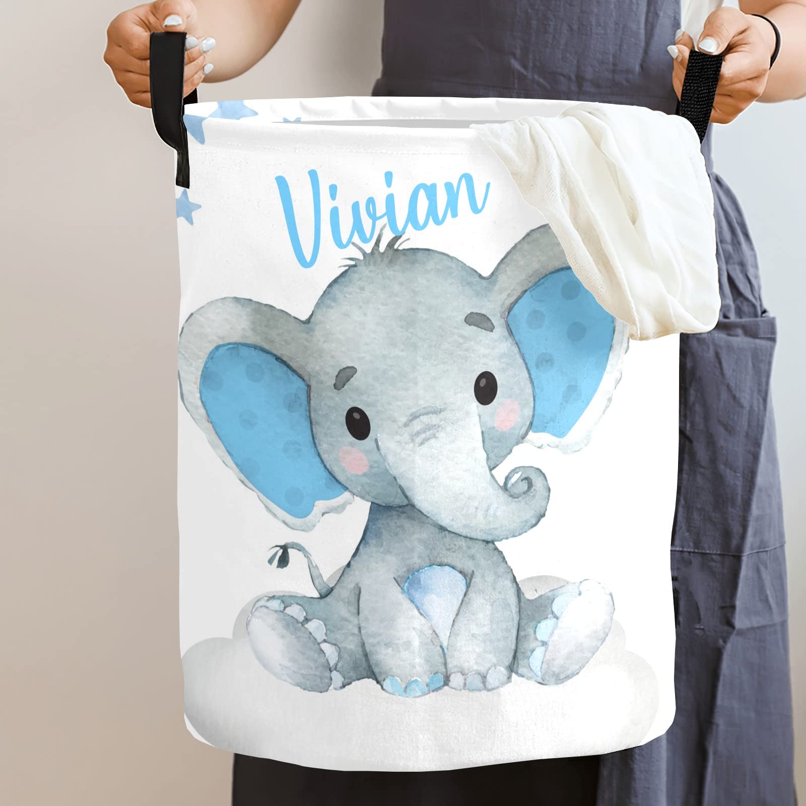 Personalized Baby Elephant Laundry Hamper with Handle - Custom Name Storage Basket for Nursery, Kids Room & Bathroom Organization | Perfect for Baby Shower Gifts & Home Decor