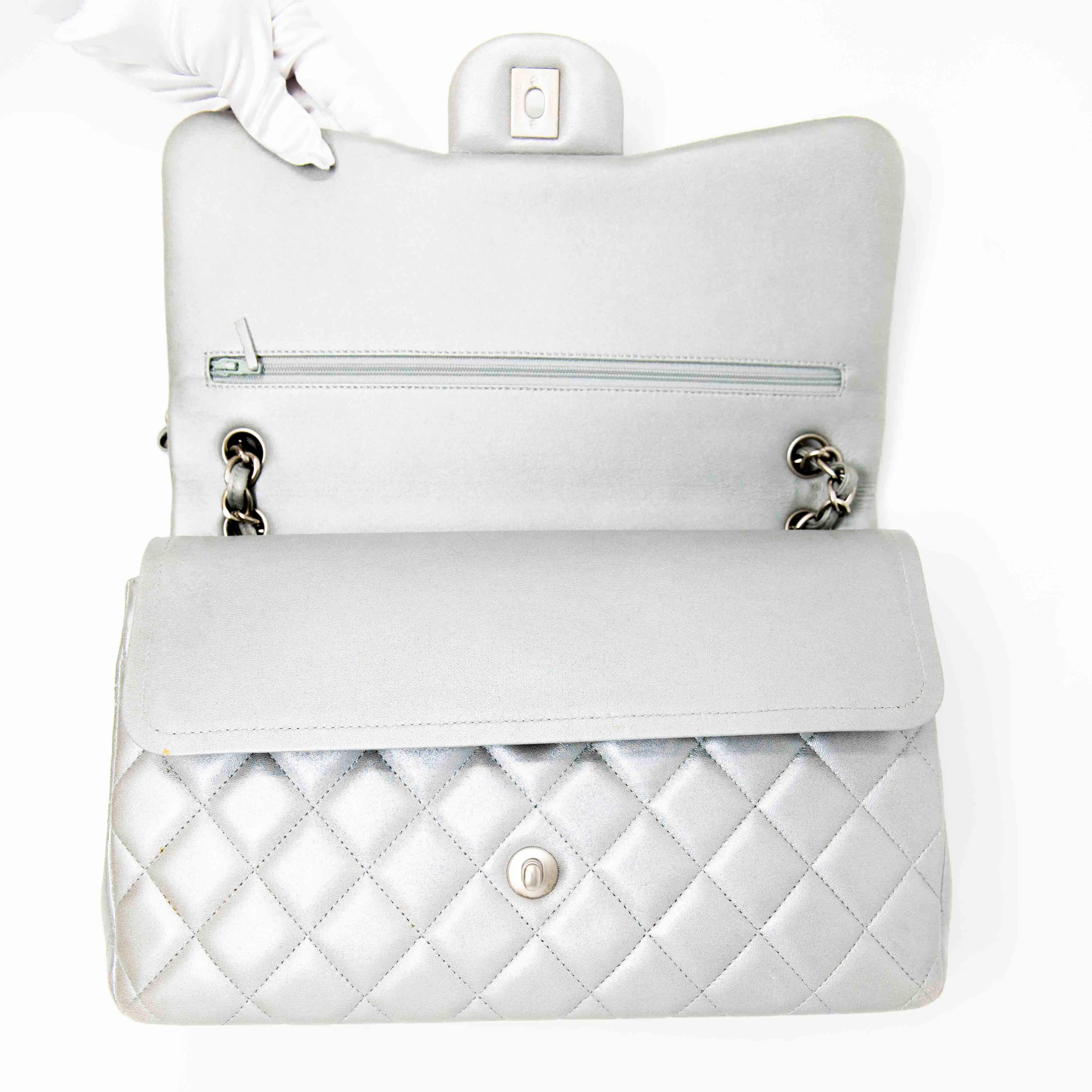 Chanel Silver Jumbo Classic Flap Bag - Luxury Designer Handbag for Women | Perfect for Evening Parties, Work & Special Occasions