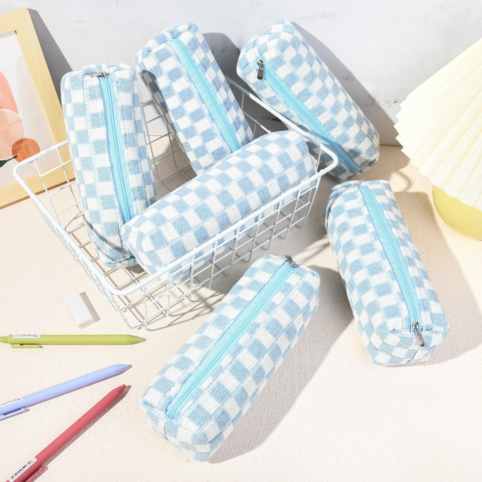 6 Pcs Checkered Makeup Bag Set - Preppy Cosmetic Pouch Organizer for Travel, Toiletries & Makeup Brushes Storage - Light Blue Aesthetic Makeup Bags for Women & Teens - Perfect for School, Gym, Vacation & Daily Use