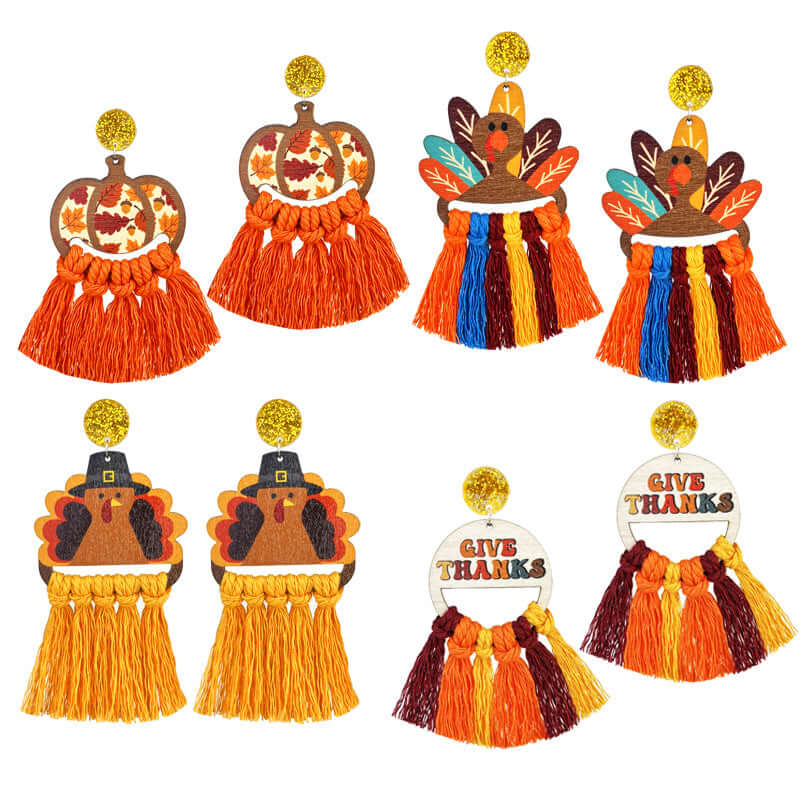 Thanksgiving Turkey Pumpkin Tassel Earrings for Women - Handmade Woven Fall Autumn Leaf Dangle Earrings | HY0910 | Perfect for Thanksgiving Party, Autumn Festival, Halloween Costume Accessories