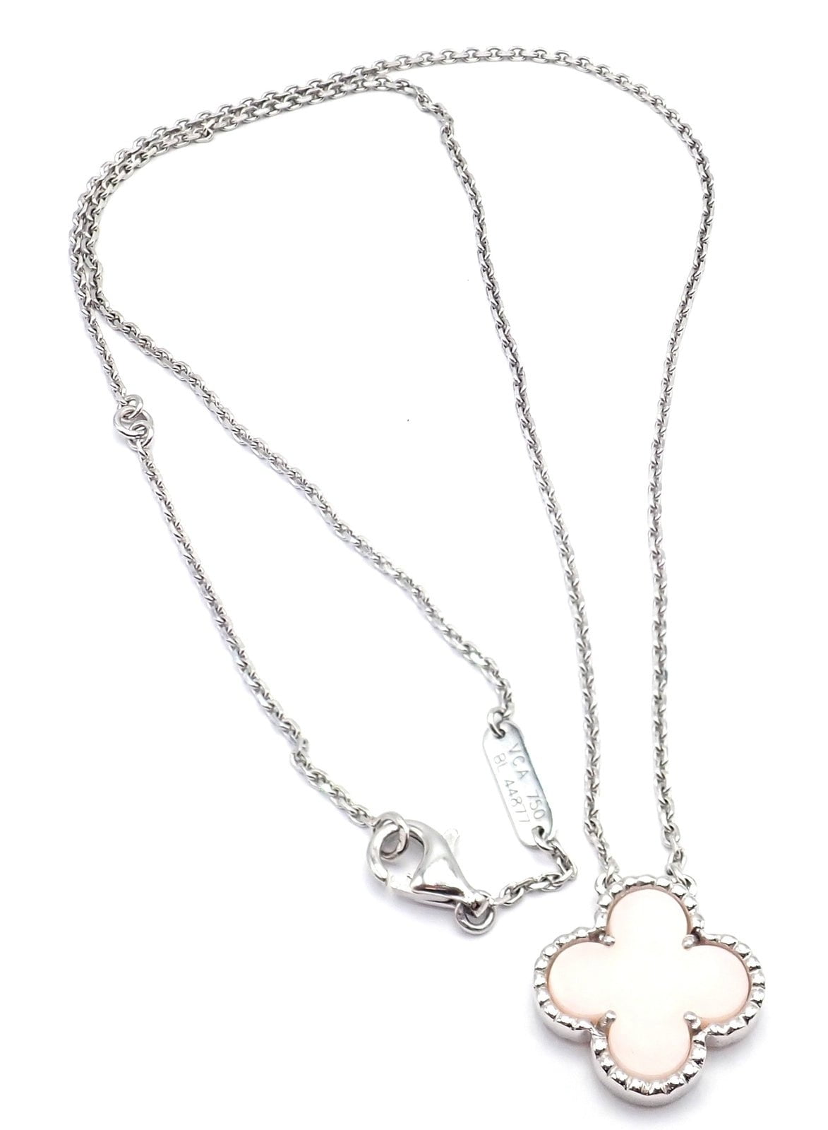 Authentic Van Cleef & Arpels Alhambra 18k White Gold Pink Opal Necklace with Certification - Luxury Jewelry Gift for Women, Perfect for Weddings & Special Occasions