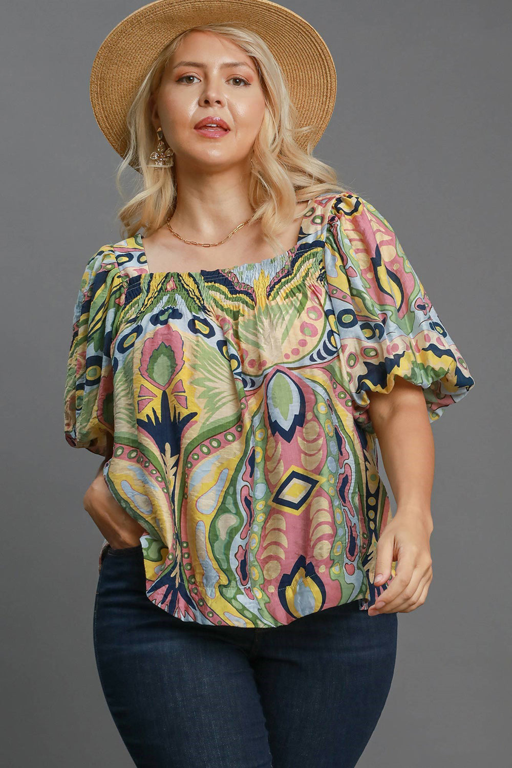 Stylish Full Size Abstract Puff Sleeve Resort Blouse for Women - Perfect for Beach Vacations, Summer Parties & Boho Fashion