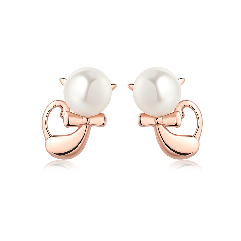 925 Sterling Silver Cute Cat Earrings with Imitation Pearl Studs - Hypoallergenic Animal Jewelry for Women & Girls | Perfect Gift for Cat Lovers, Birthday & Everyday Wear