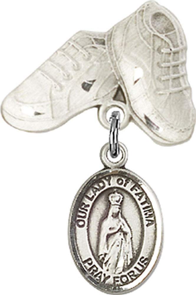 Sterling Silver Baby Badge with Our Lady of Fatima Charm & Baby Boots Pin - Handmade in USA | Religious Jewelry Gift for Baptism, Christening & Newborn Blessings