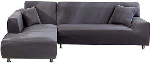 Stretchable L-Shaped Sectional Sofa Covers 2-Piece Set - Furniture Protector for 3+3 Seater Couches with Pillow Covers (Grey) - Pet & Kid Friendly, Perfect for Living Room, Family Room & Home Theater