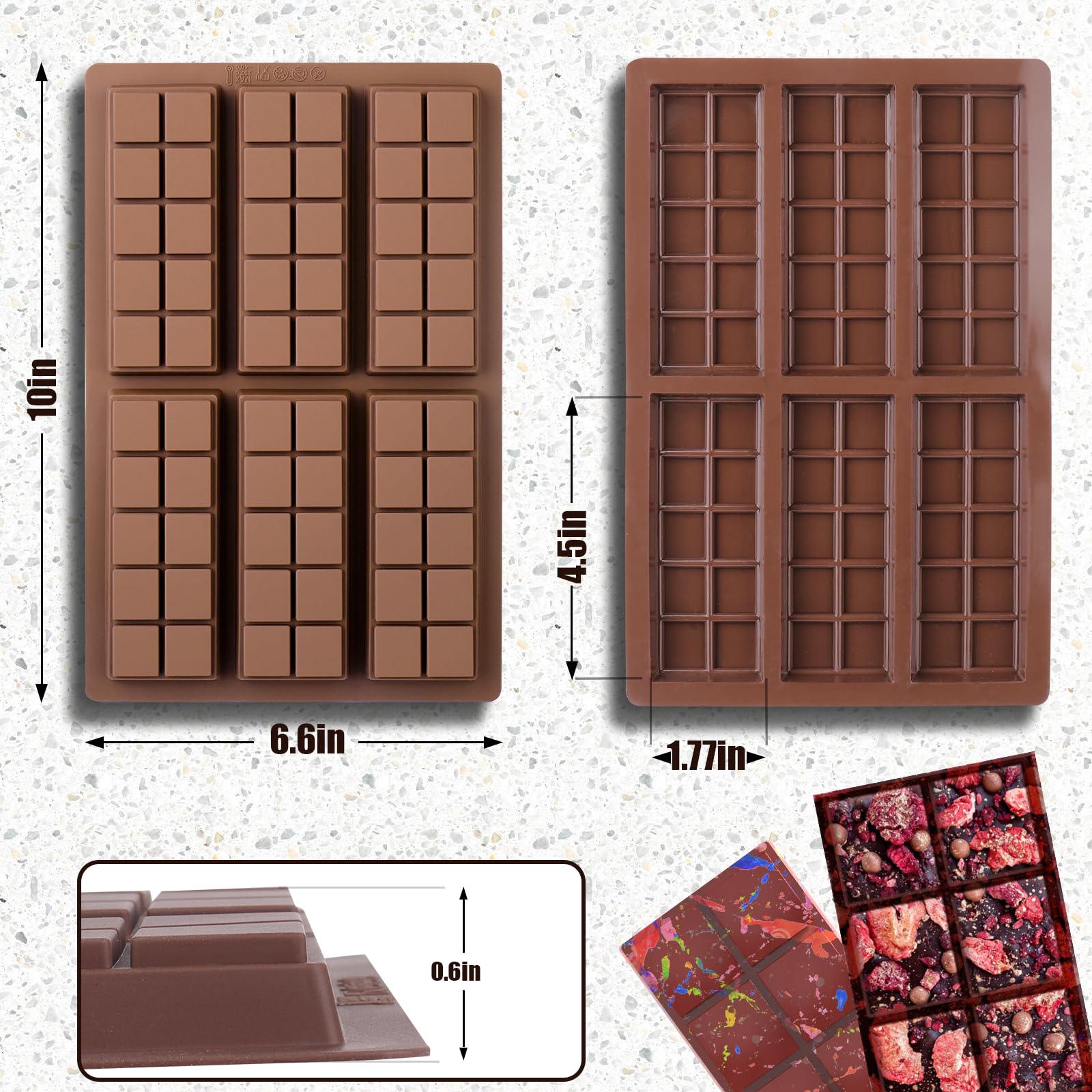 BABORUI 6 Cavity Silicone Chocolate Bar Mold with 100 Bags - Thick Deep Mold for Stuffed Chocolate Bars, Knafeh, Pistachio Filling - Perfect for Homemade Candy, Baking, Gifts & Party Treats (10 Snap)