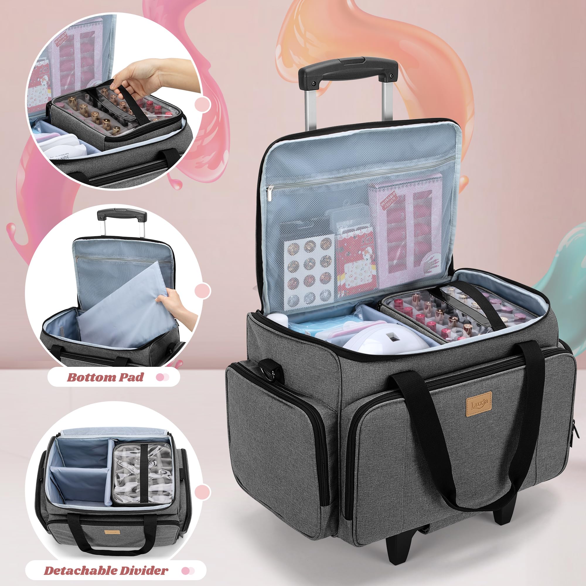 Luxja Portable Nail Polish Organizer Bag with Wheels - Holds 90 Bottles & Nail Lamp, Detachable Trolley Storage Case for Salon & Home Use (Grey) | Perfect for Professional Nail Technicians & DIY Manicures