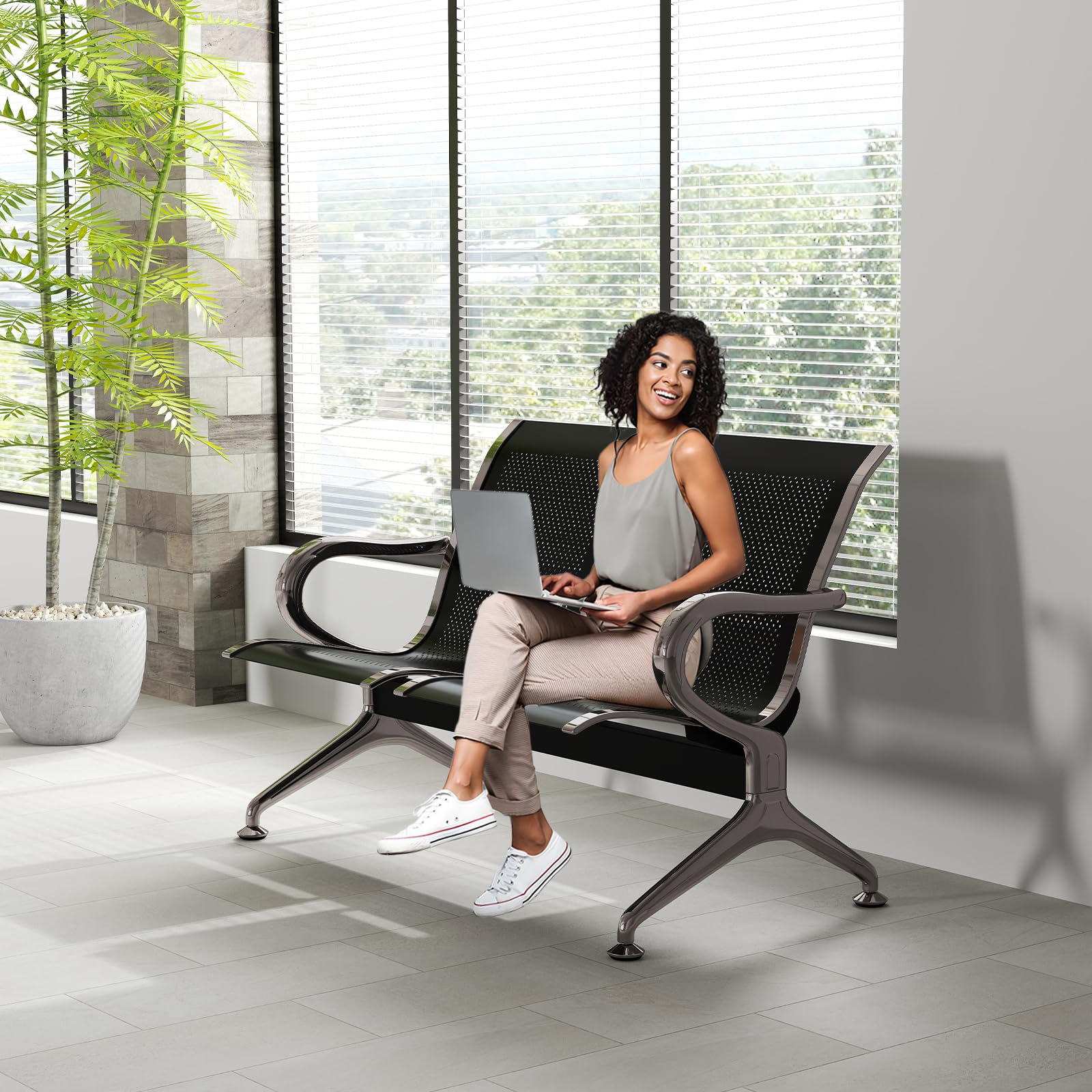 Kinfant 2-Seat Waiting Room Bench Set - Black Mesh Office Guest Chairs with Arms for Reception Areas, Airports, Hospitals, Banks | Perfect for Lobbies, Salons, Barber Shops & Conference Rooms