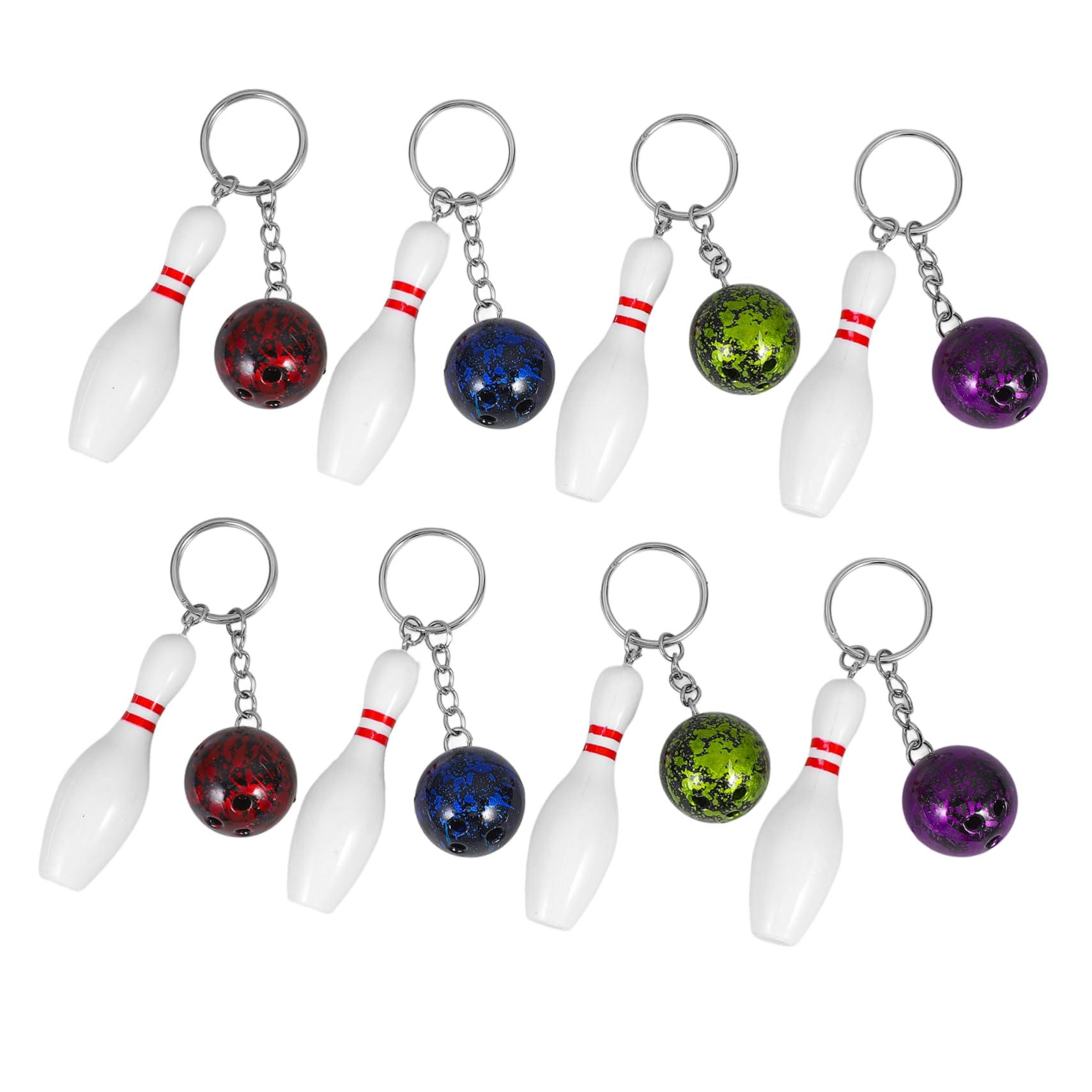 NUOBESTY 8pcs Bowling Pin Keychains - Colorful Sports Keychain Set for Handbags, Purse Charms (Red, Green, Blue, Purple) - Perfect for Bowling Parties, Sports Gifts & Team Favors