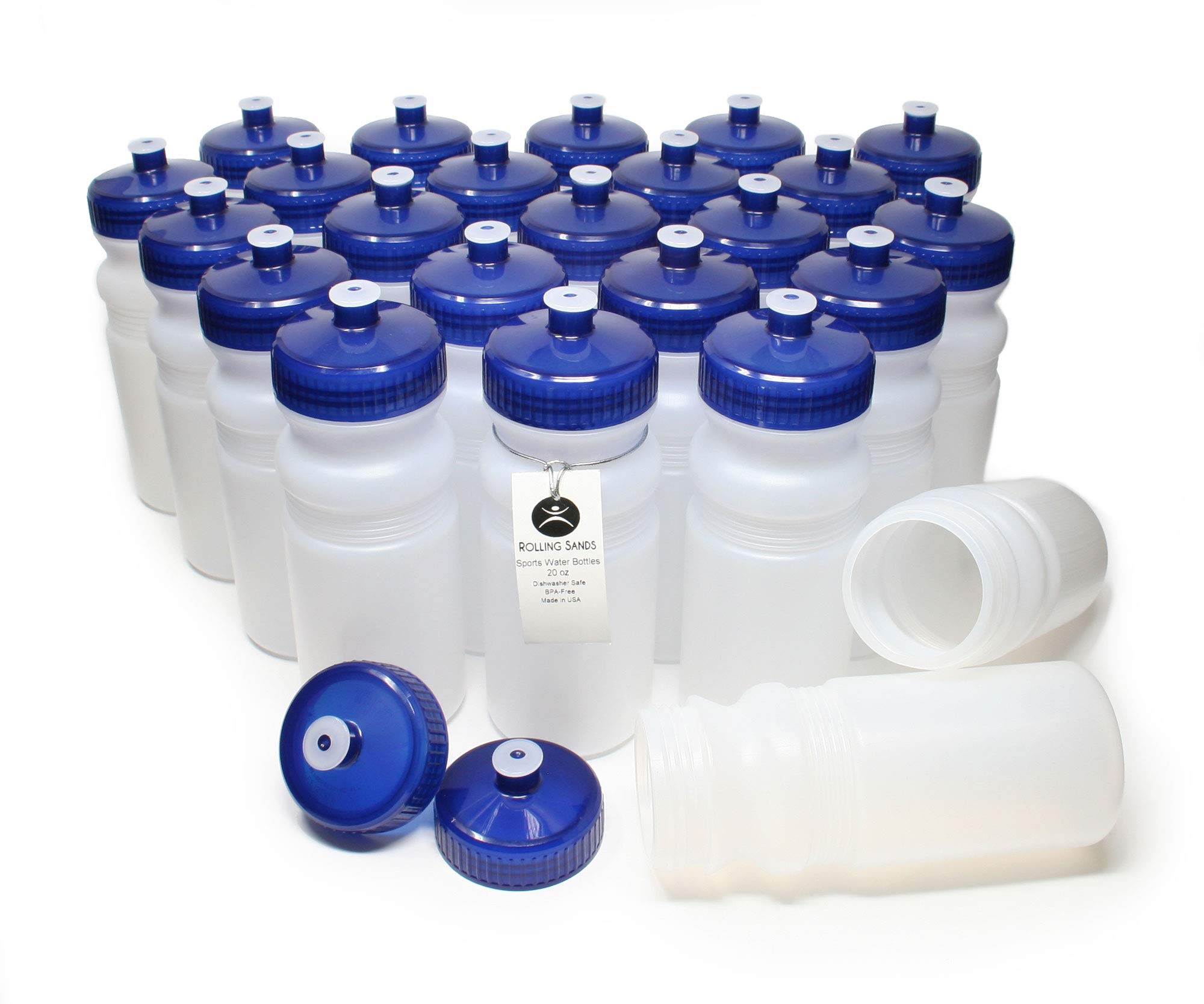 Rolling Sands 20oz BPA-Free Sports Water Bottles 24 Pack - Clear Frost Bottles with Navy Lids | Dishwasher Safe, Made in USA | Perfect for Gym, Hiking & Team Sports Hydration
