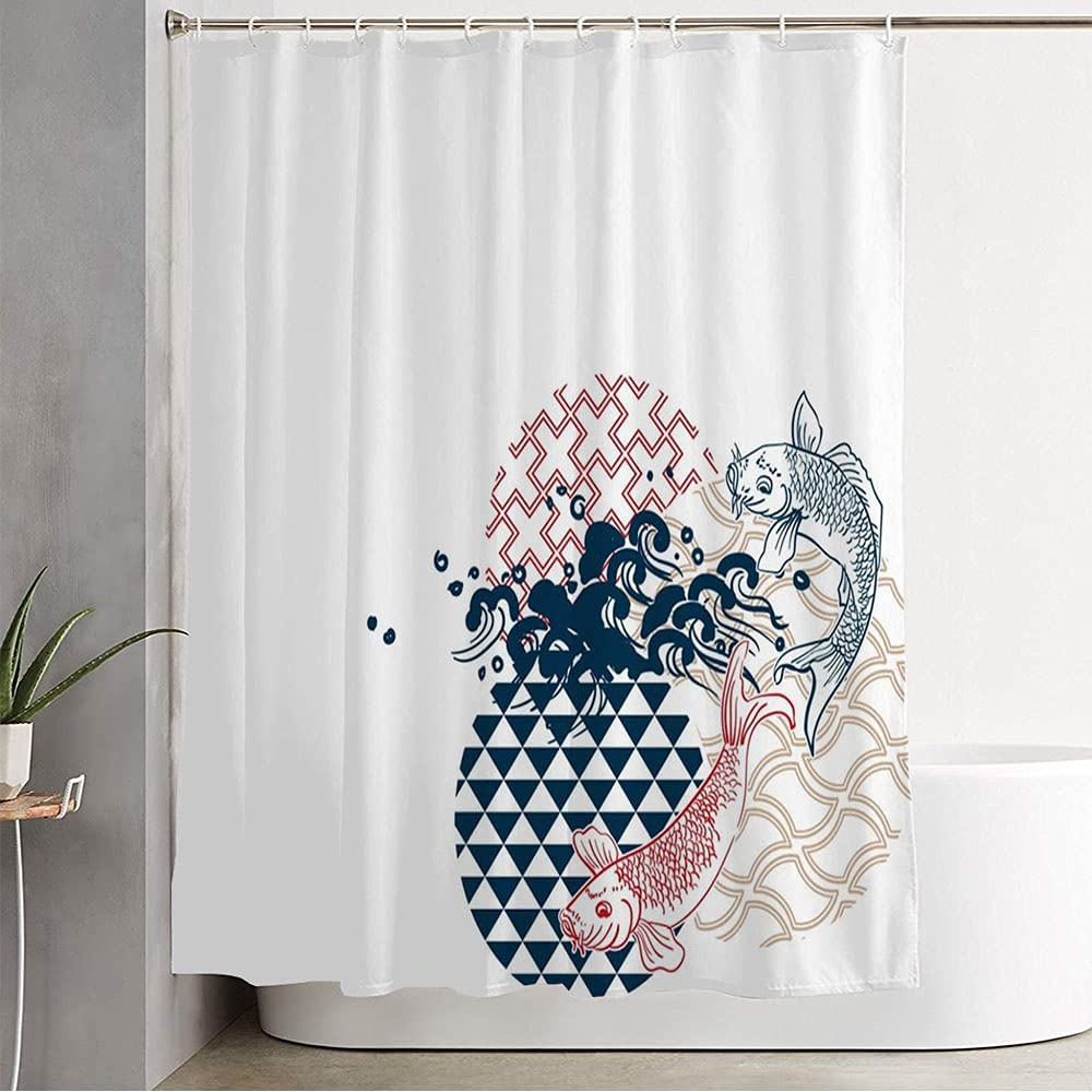 Waterproof Japanese Koi Fish Shower Curtain Set with Hooks - Blue & Red Asian Inspired Bathroom Decor (72×78 inches) | Perfect for Zen Bathrooms, Spa Retreats & Asian-Themed Home Decor