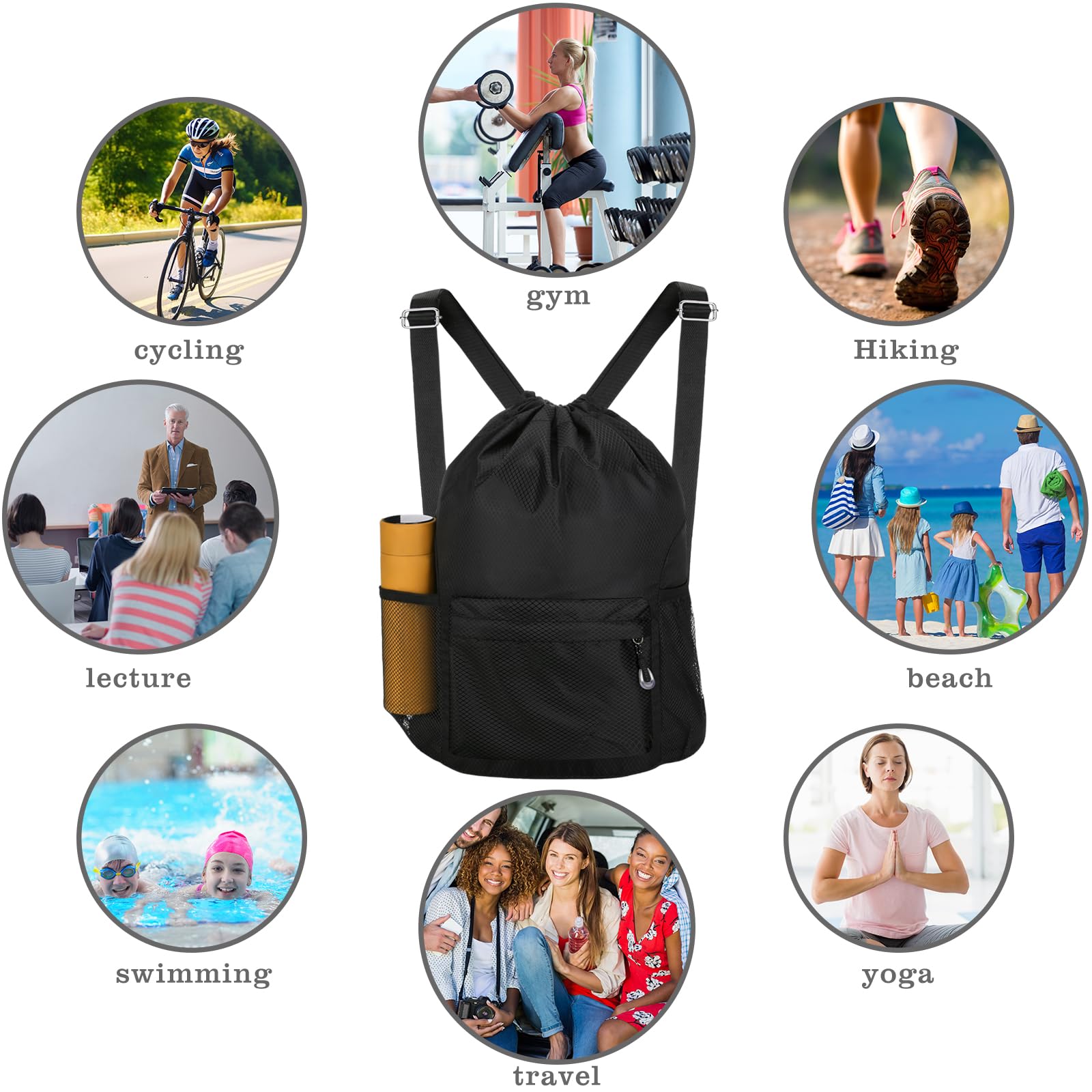 Waterproof Drawstring Backpack - Lightweight Gym Sack with Water Bottle Holder & Pockets for Sports, Travel, Hiking & Outdoor Activities (Black)
