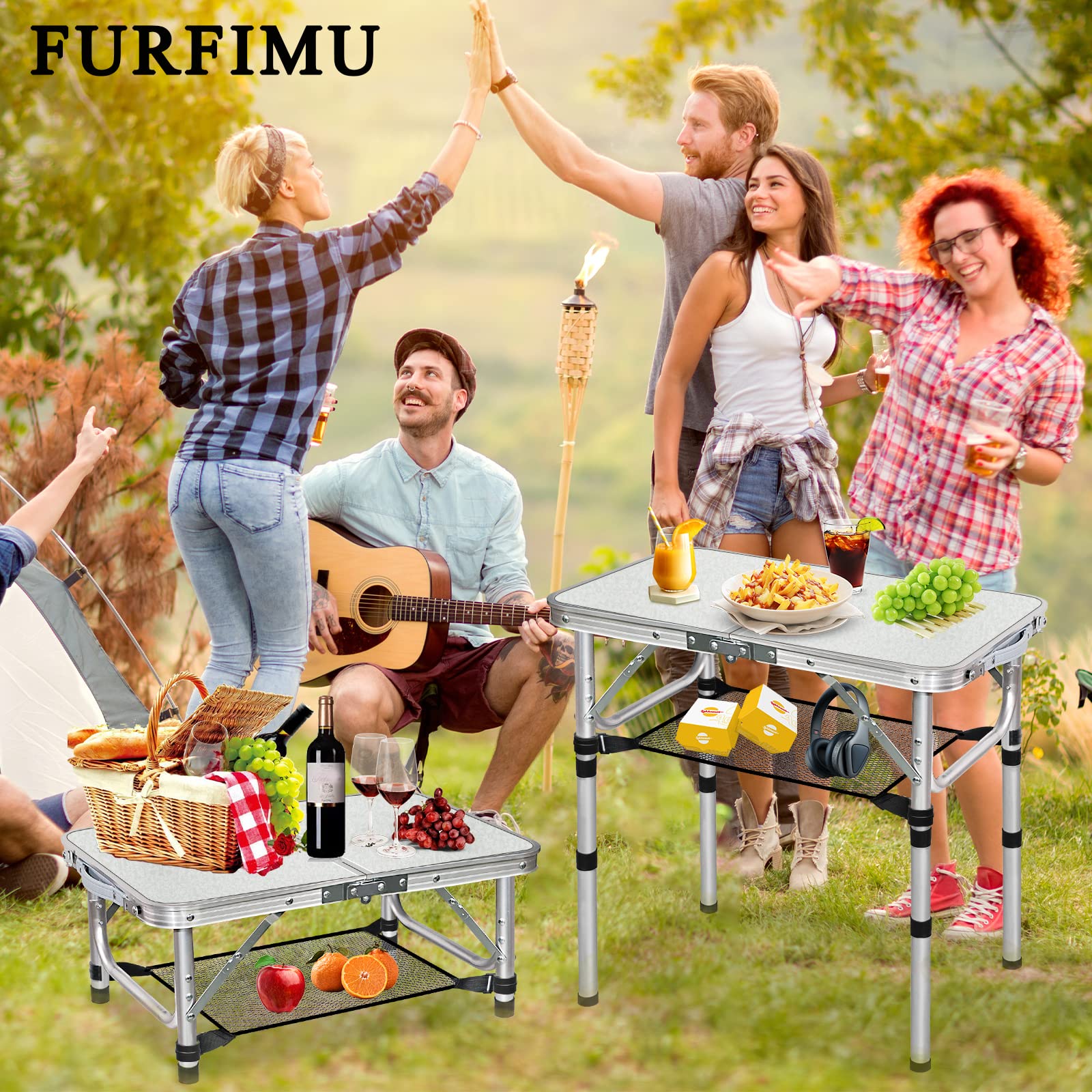 **Compact 3-Height Adjustable Folding Table - 2FT Portable Camping & Outdoor Table with Mesh Storage, White Metal Beach & Patio Table for BBQ, Picnics, and Travel**    *(Perfect for camping trips, beach outings, backyard BBQs, picnics, and small-space living!)*