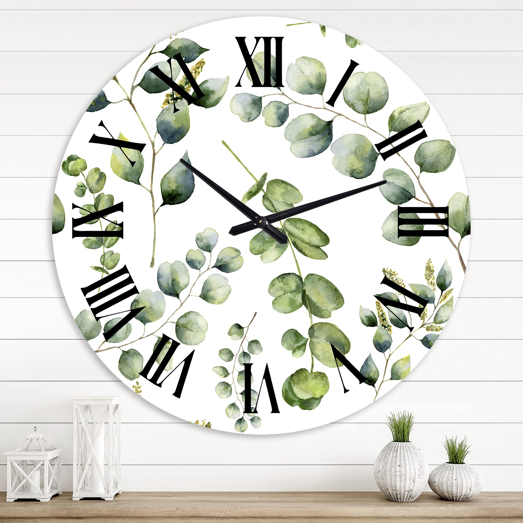 DesignQ Traditional Wall Clock 'Green Eucalyptus Branches III' - Large Floral Botanical Wall Clock for Bedroom, Living Room, Office Decor - Perfect for Home, Farmhouse & Vintage Style Interior Design