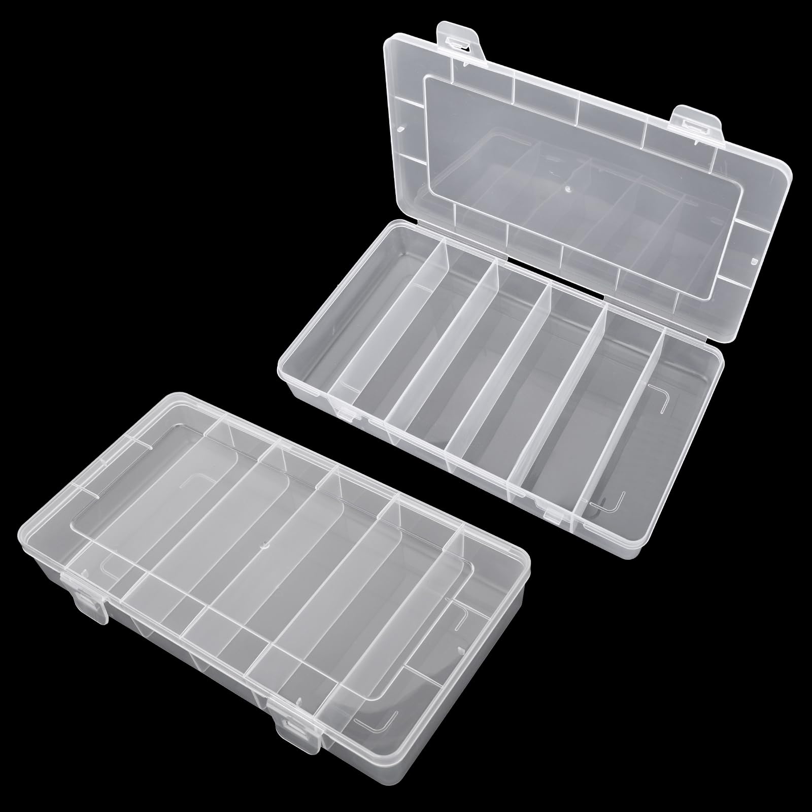2 Pack Clear Plastic Tackle Box Organizer - 6 Grid Compartment Storage Box for Fishing Lures, Bait, Hooks, Screws, Nails & Pins (8.18×4.64×1.29 Inch) - Perfect for Fishing Trips, Craft Organization & Small Hardware Storage