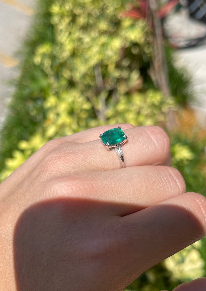 2.82tcw 14K Gold 3-Stone Cushion Cut Natural Blue Green Emerald & Diamond Baguette Engagement Ring for Women - Perfect for Proposals, Anniversaries & Special Occasions