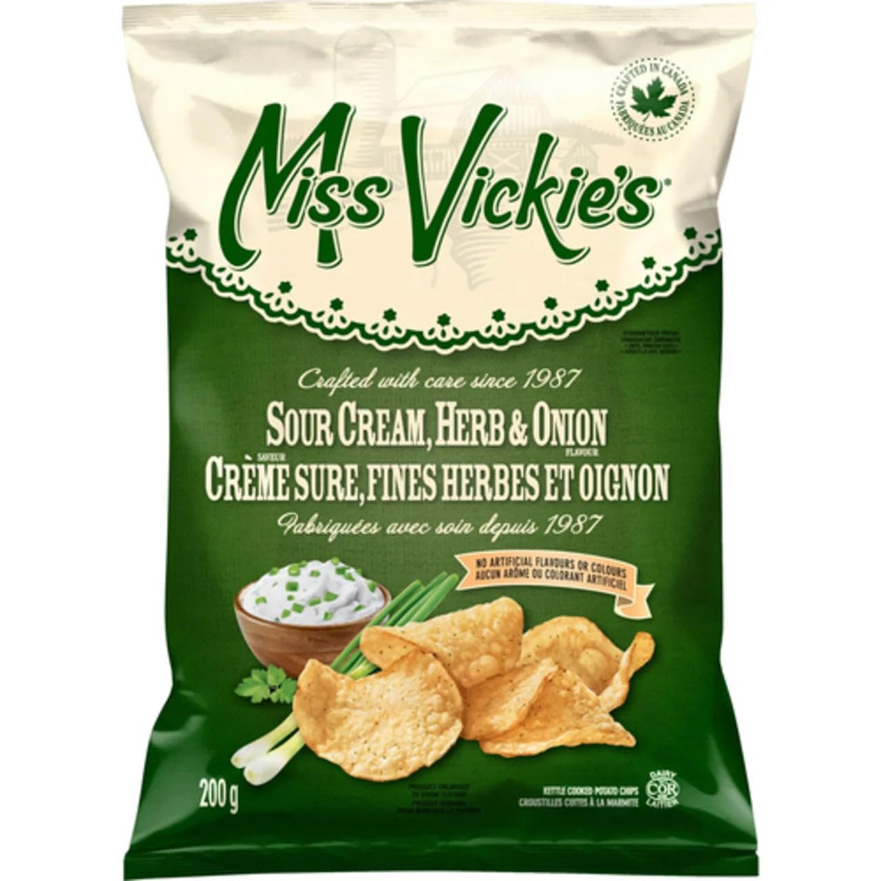 Miss Vickies Kettle Cooked Sour Cream & Onion Potato Chips - 7.1oz (200g) Bag | Crunchy Snack for Parties, Picnics & Game Nights