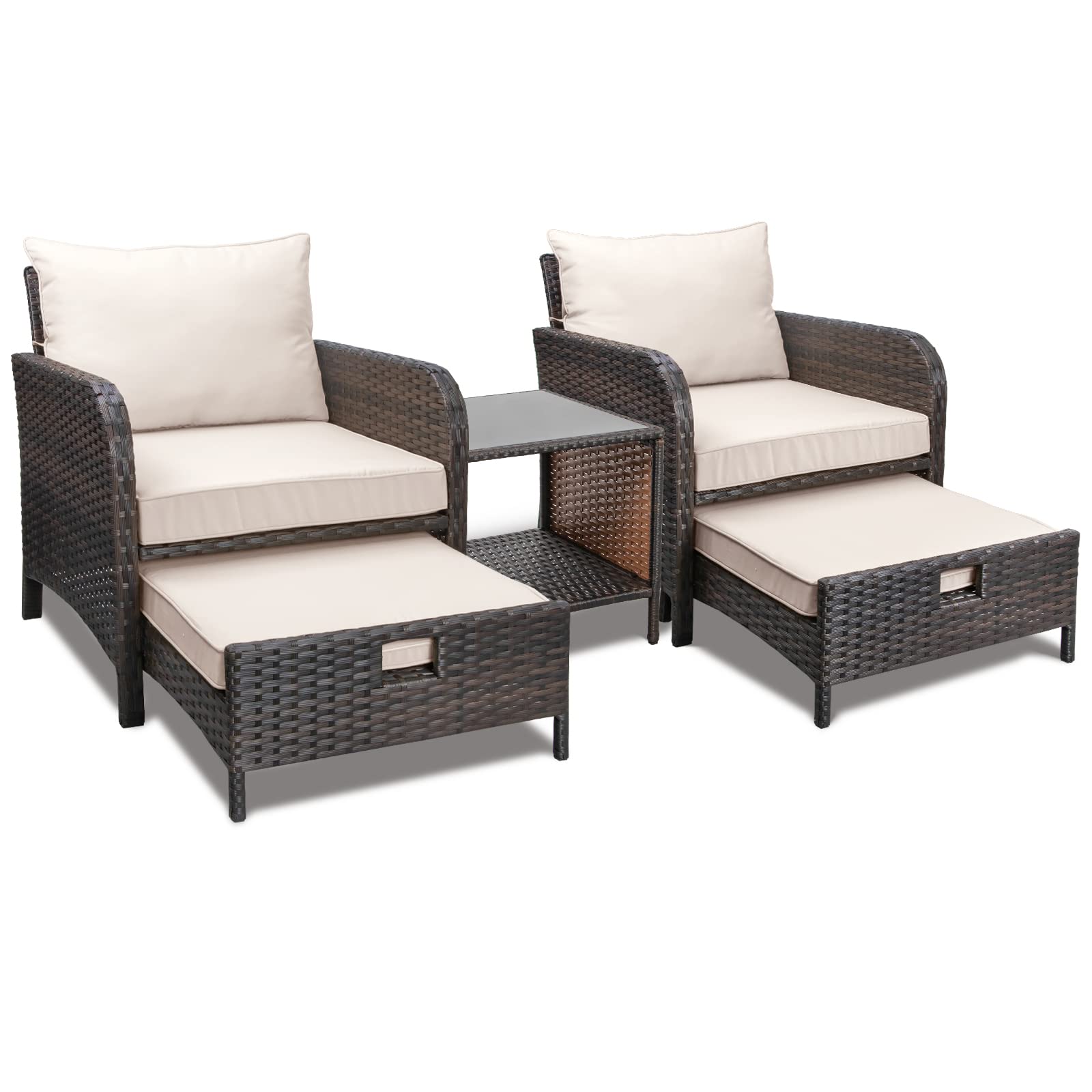 LEVELEVE 5-Piece PE Wicker Patio Furniture Set - Outdoor Rattan Conversation Sofa with Cushions, 2 Ottomans & Glass Table for Balcony, Porch, Lawn or Garden | Durable Brown Wicker Lounge Chairs for Relaxing & Entertaining