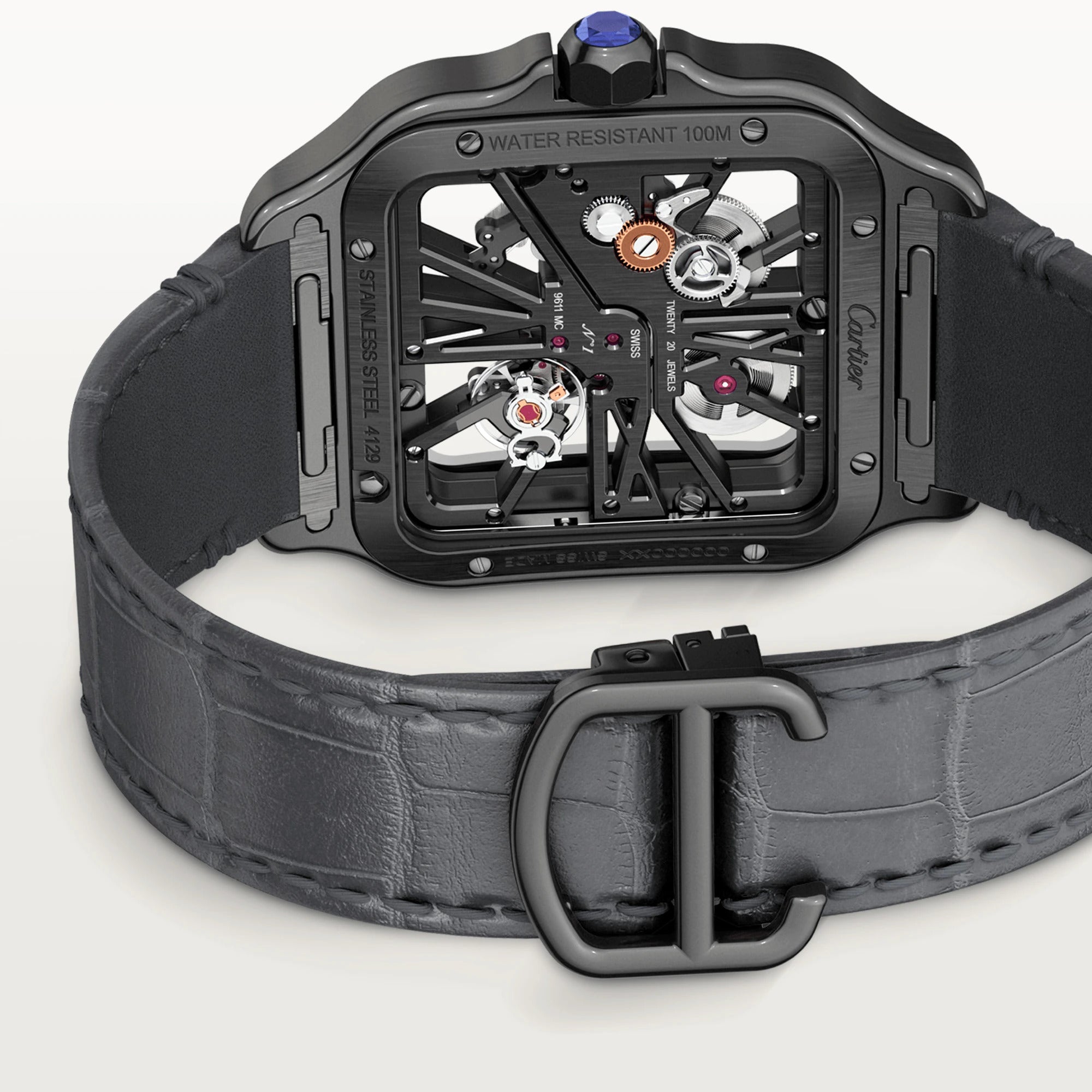 Cartier Santos Skeleton Black Steel Men's Watch - Luxury Automatic Skeleton Dial Watch for Men - Perfect for Business, Formal Events & Gift Giving