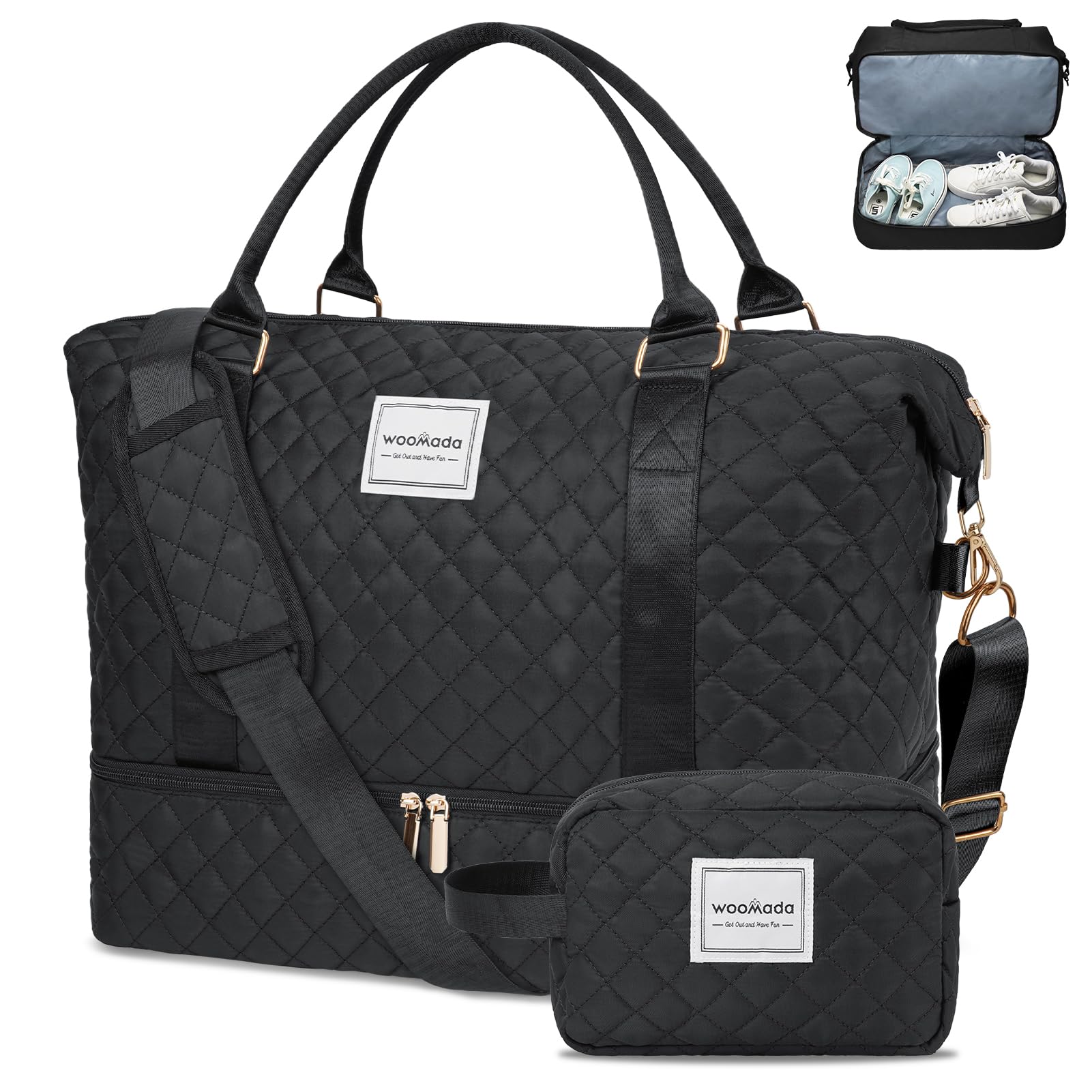 WOOMADA Women's Weekender Bag - Large Carry-On Travel Duffel with Shoe Compartment & Toiletry Bag (Black) | Perfect for Weekend Getaways, Business Trips & Gym Use