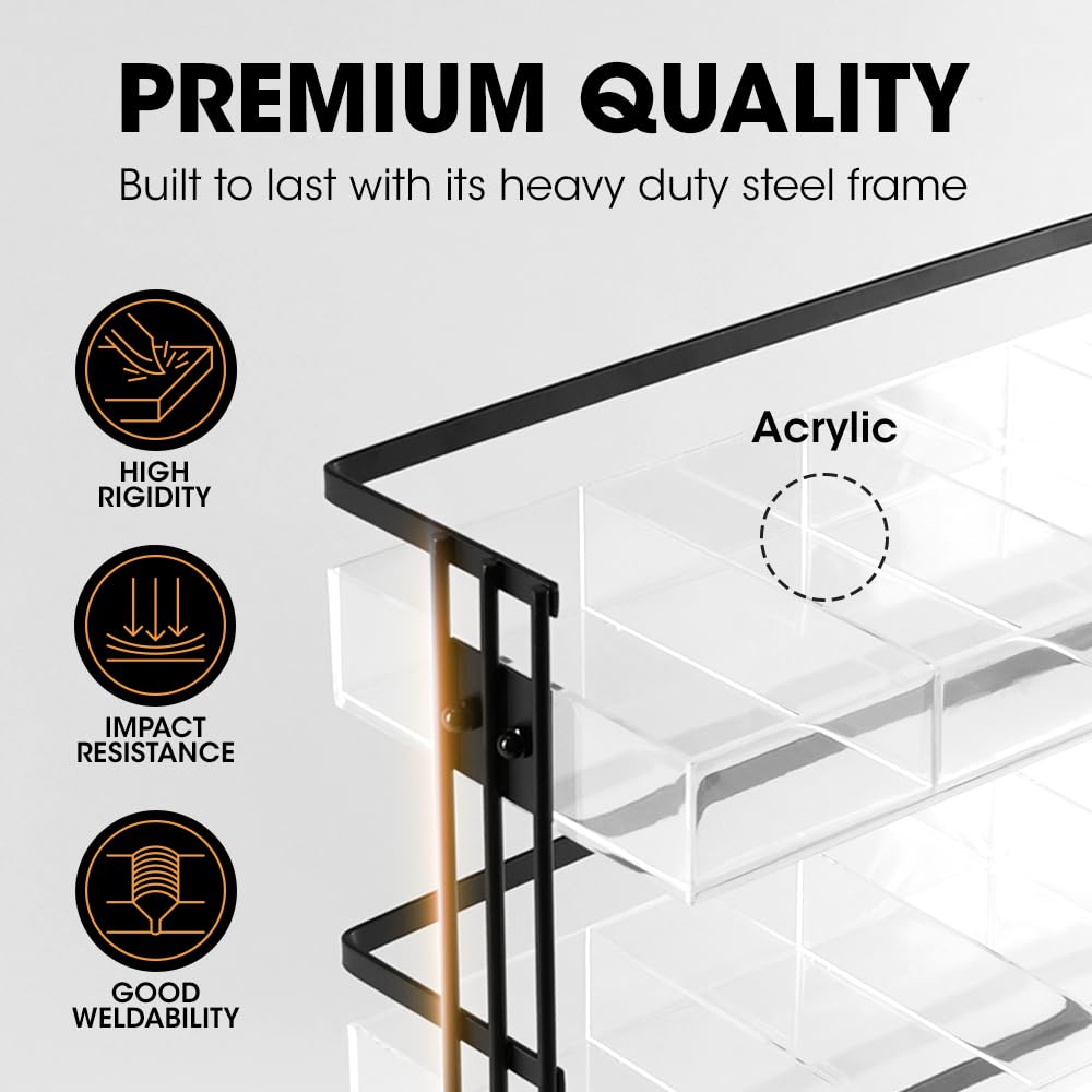 Premium 3-Tier Tea Bag Organizer - Stainless Steel & Acrylic Storage Holder with 15 Compartments for Tea Bags, Sugar Packets & Coffee Pods - Space-Saving Countertop Organizer for Kitchen, Office or Coffee Station (Black, MK956A) by J JACKCUBE DESIGN
