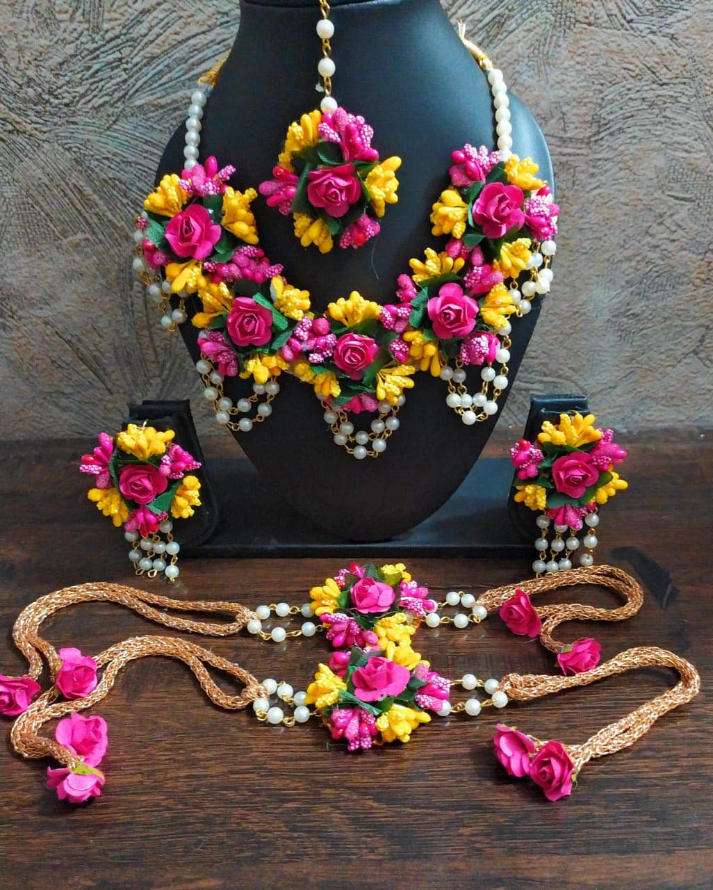 C&G INDIA Balika Vadhu Designer Jewelry Set for Women & Girls - Yellow & Pink Pearl Bridal Jewelry (6 Pcs) - Perfect for Mehendi, Haldi, Baby Shower & Wedding Ceremonies