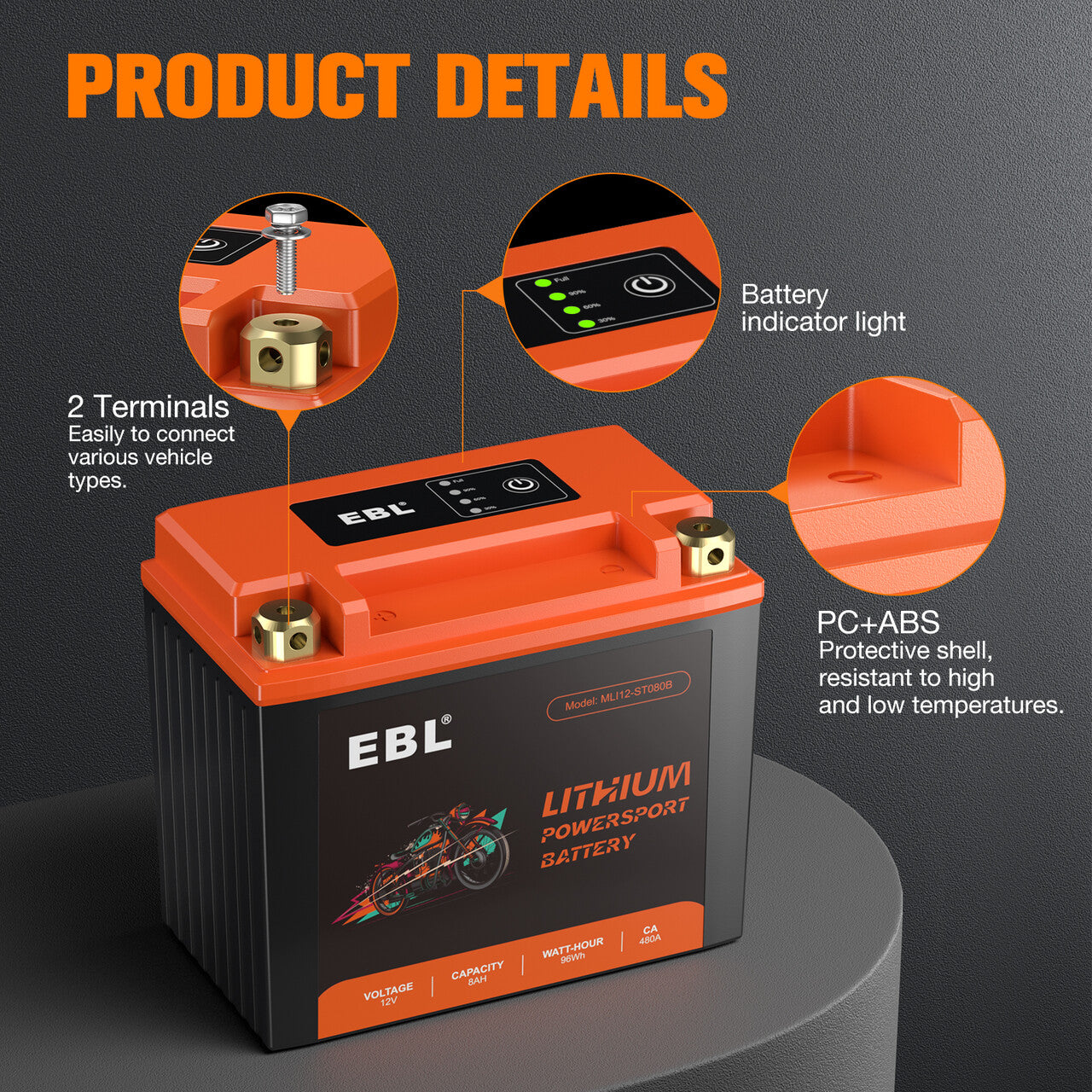 EBL LiFePO4 Lithium Motorcycle Battery 12V 8Ah - YTX14 BS Compatible - Lightweight & Long-Lasting Power for Harley, Honda, Yamaha & More - Perfect for Cruisers, Touring Bikes & Off-Road Adventures
