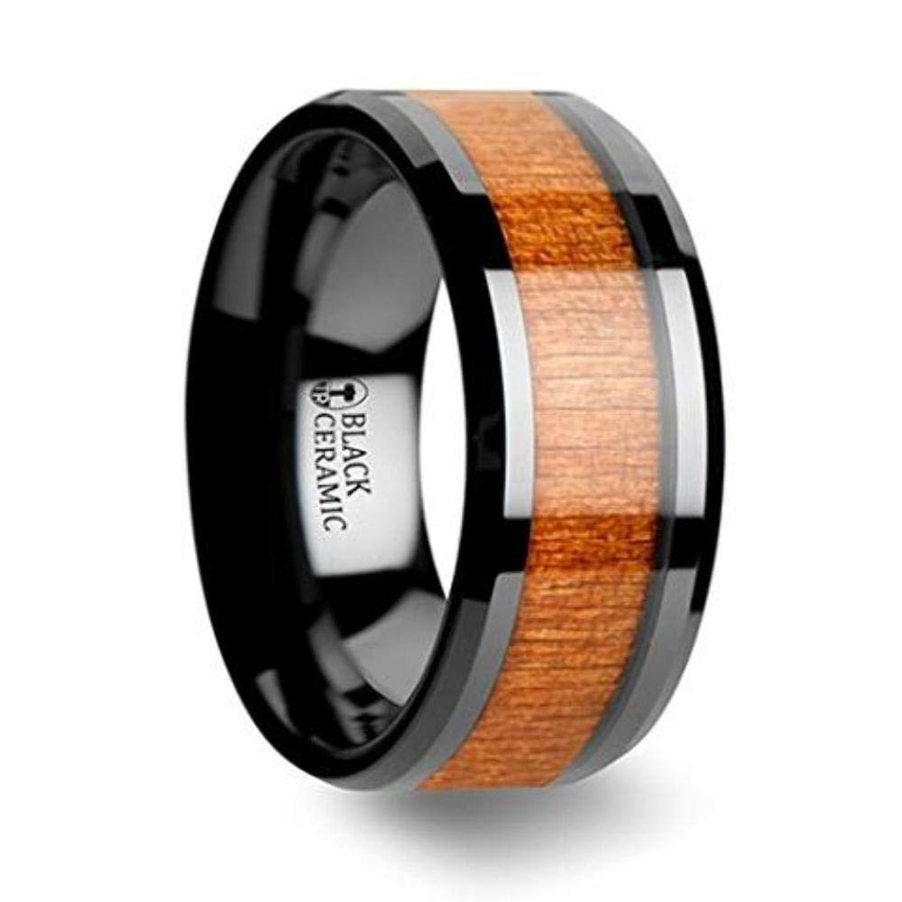 10mm Wide IOWA Black Ceramic Beveled Edge Wedding Band with Genuine Rich Grain Black Cherry Wood Inlay - Custom Inside Engraving for Personalized Touch - Perfect for Weddings, Anniversaries & Special Occasions