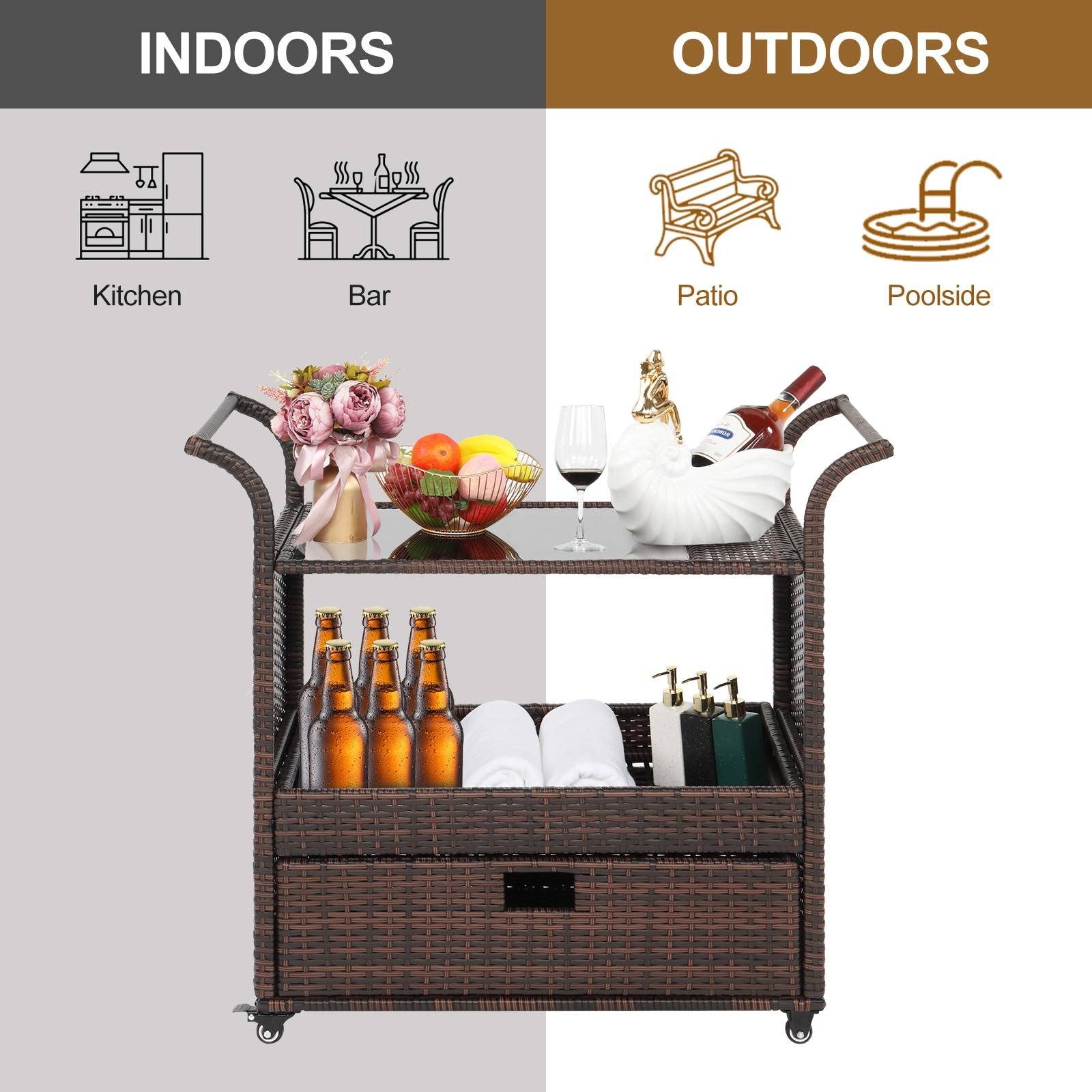 Premium Outdoor Rolling Wicker Bar Cart with Glass Top & Wheels - Patio Serving Counter Table with Storage Drawer - Perfect for Backyard BBQs, Poolside Drinks & Garden Parties