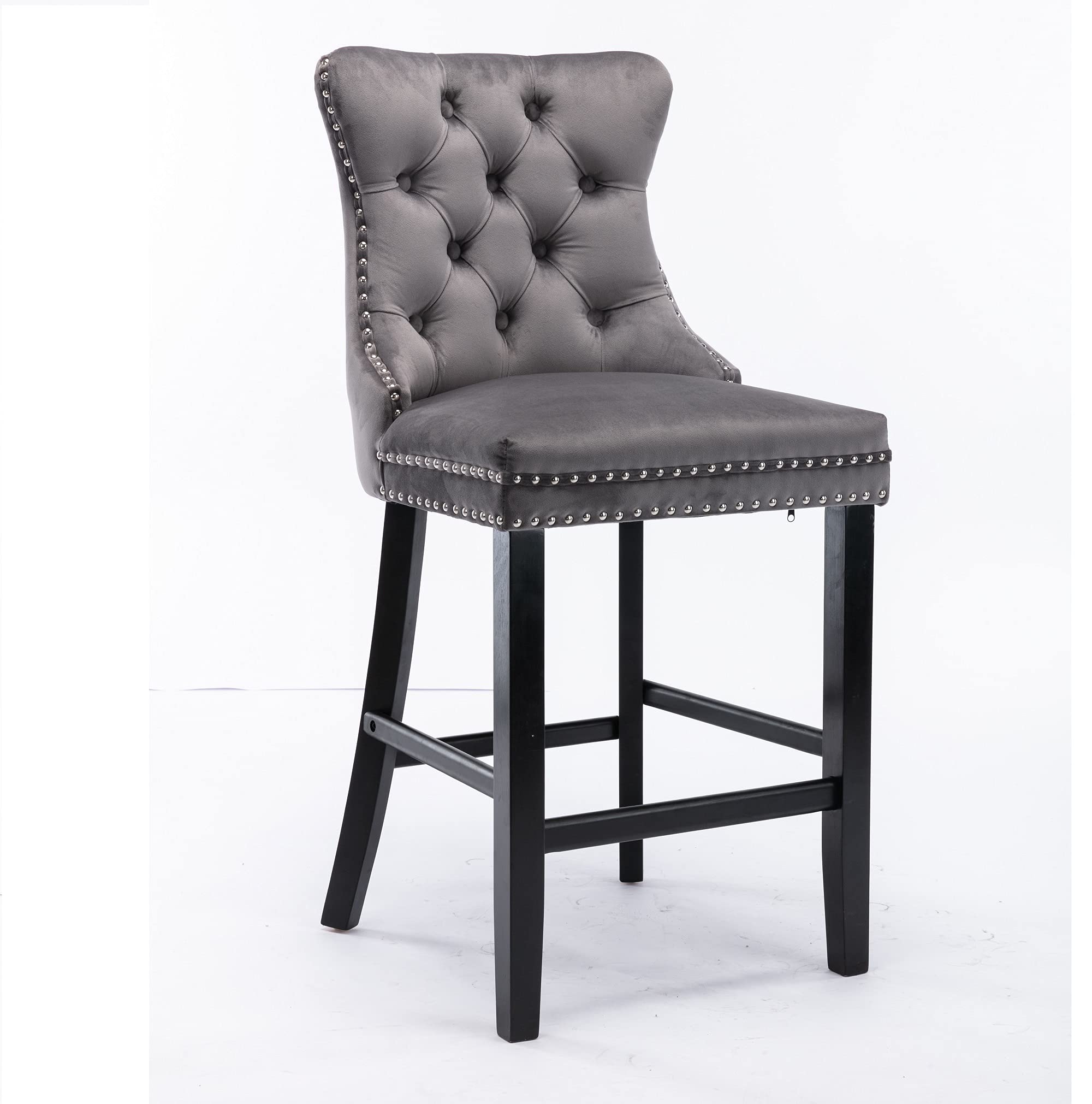 Luxury Velvet Fabric Dining Bar Chairs - Tufted Back with Nailed Trim & Ring Pull - Armless Counter Height Chairs for Kitchen & Home - Solid Rubber Wood Legs - Set of 2 Grey Bar Stools - Perfect for Breakfast Nook, Kitchen Island & Small Space Dining