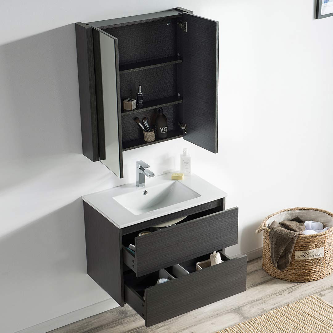 30 Inch Floating Bathroom Vanity with Sink & Mirror - Solid Wood Wall Mounted Vanity Cabinet in Silver Grey - Perfect for Small Bathrooms, Powder Rooms & Modern Home Decor (30