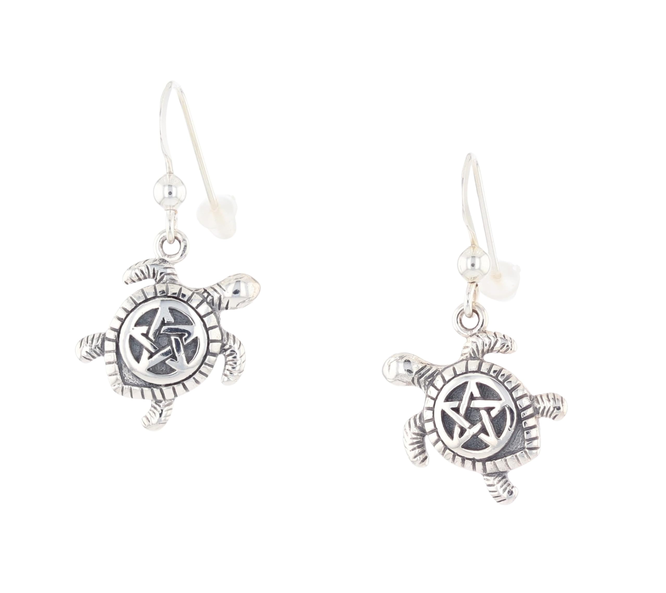 Pentacle Sea Turtle Sterling Silver Dangle Earrings - Handmade Boho Jewelry for Women, Beach Vacation & Nature Lovers