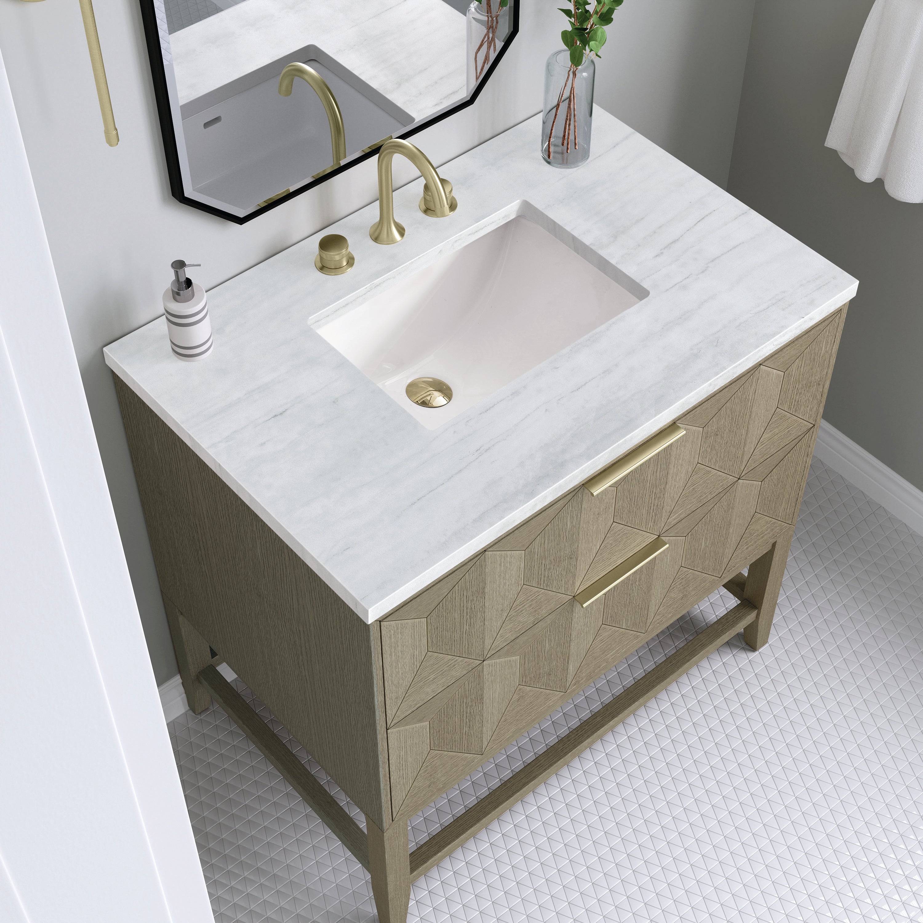 Emmeline 36 Inch Single Bathroom Vanity with Pebble Oak Finish and 3CM Arctic Fall Stone Top - Perfect for Modern Master Bathrooms & Guest Bathroom Renovations
