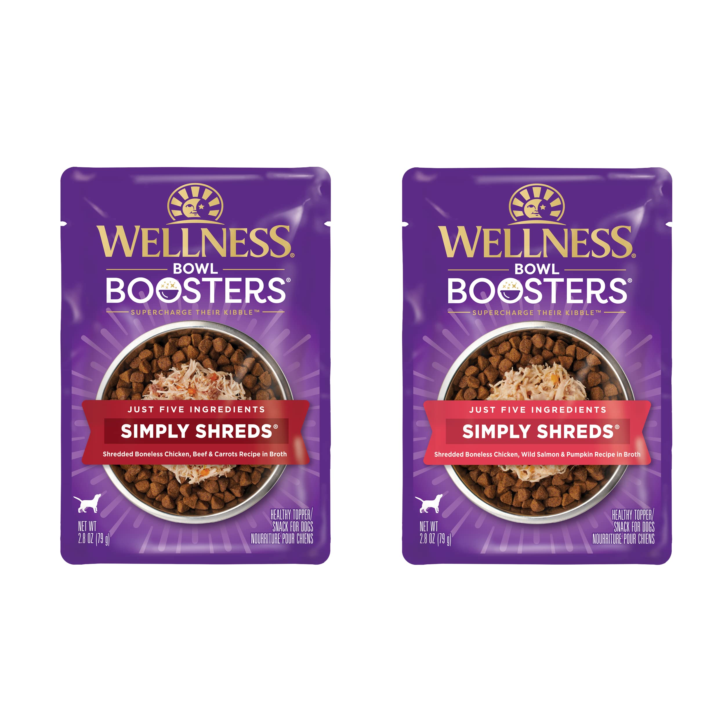Wellness CORE Simply Shreds Wet Dog Food Topper - Chicken, Beef, Carrots & Chicken, Salmon, Pumpkin Variety Pack (24 Count, 2.8-Oz Pouches) | High Protein Grain-Free Dog Food Mixer for Picky Eaters & Digestive Health | Perfect for Meal Topping, Kibble Enhancement & Training Treats