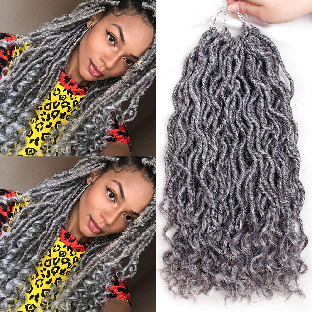 6 Packs Goddess Locs Crochet Hair - Wavy Curly Grey Synthetic Hair Extensions for Faux Locs & Braiding - 20