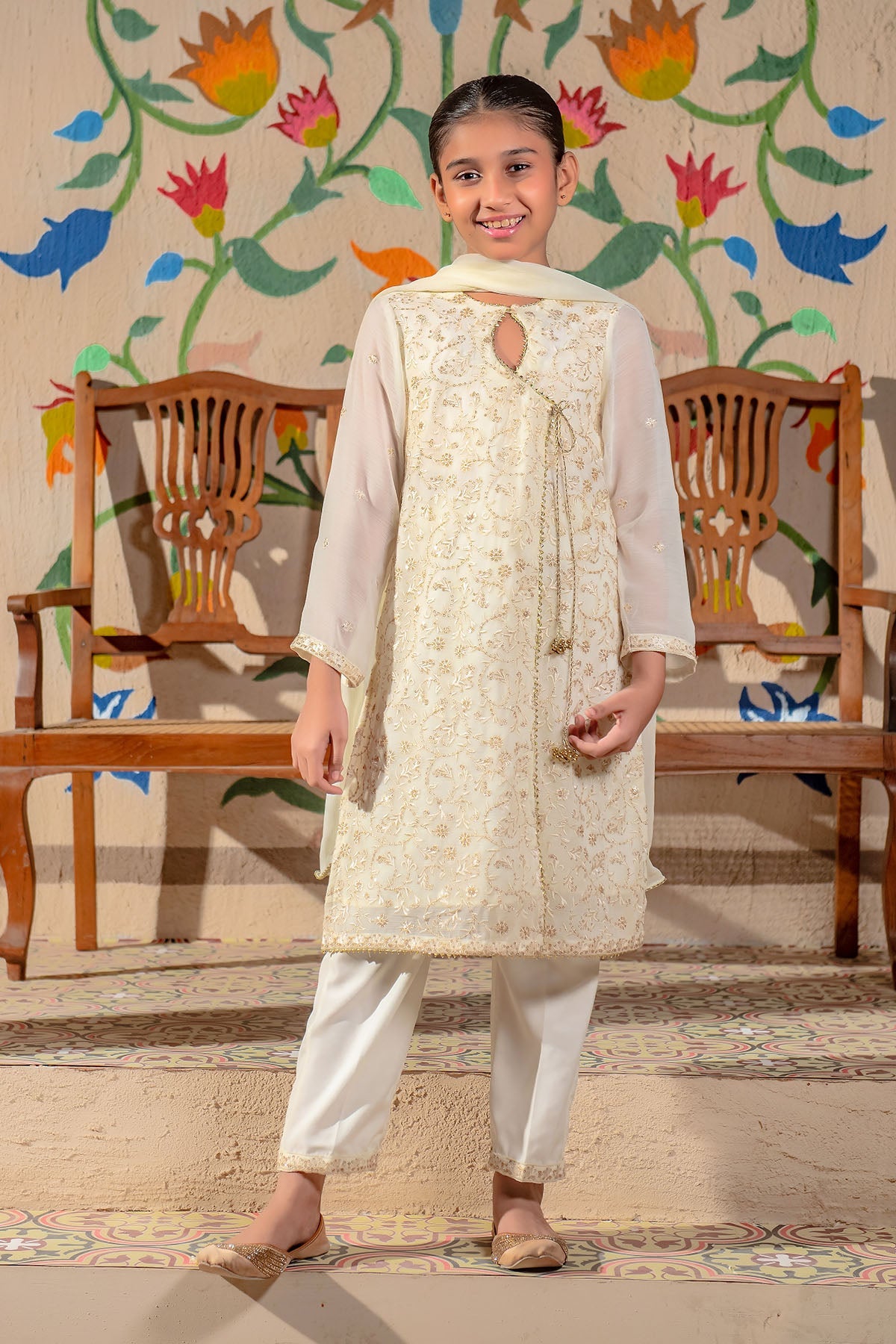Elegant Chiffon Embroidered Off-White Stitched Suit in Ochre - Perfect for Weddings, Parties & Special Occasions