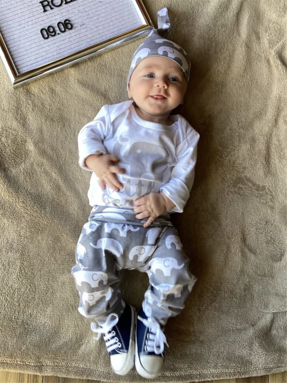 Newborn Baby Boy Clothes Set - 3 Piece Outfit with Long Sleeve Bodysuit, Pants & Hat | Soft Cotton Infant Romper for Photo Shoots, Gift Giving & Daily Wear