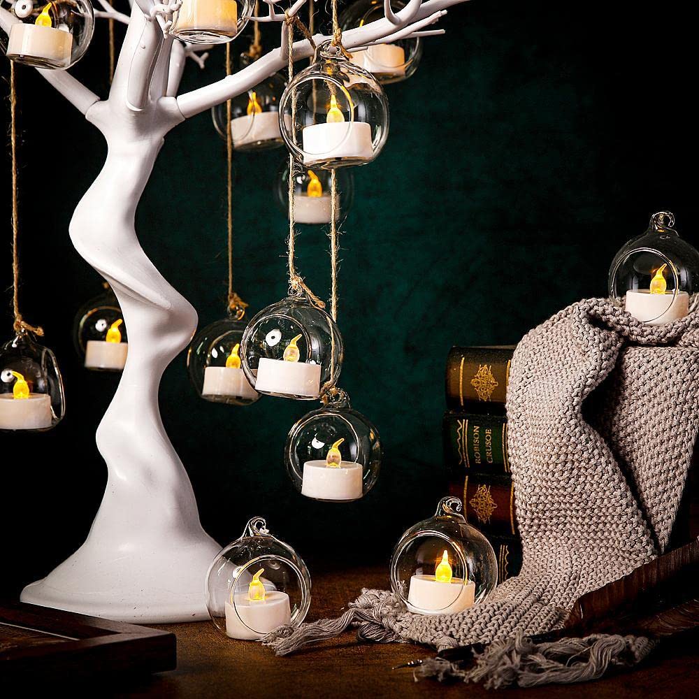 24 Pcs Glass Hanging Tealight Candle Holders with LED Lights - 2.36